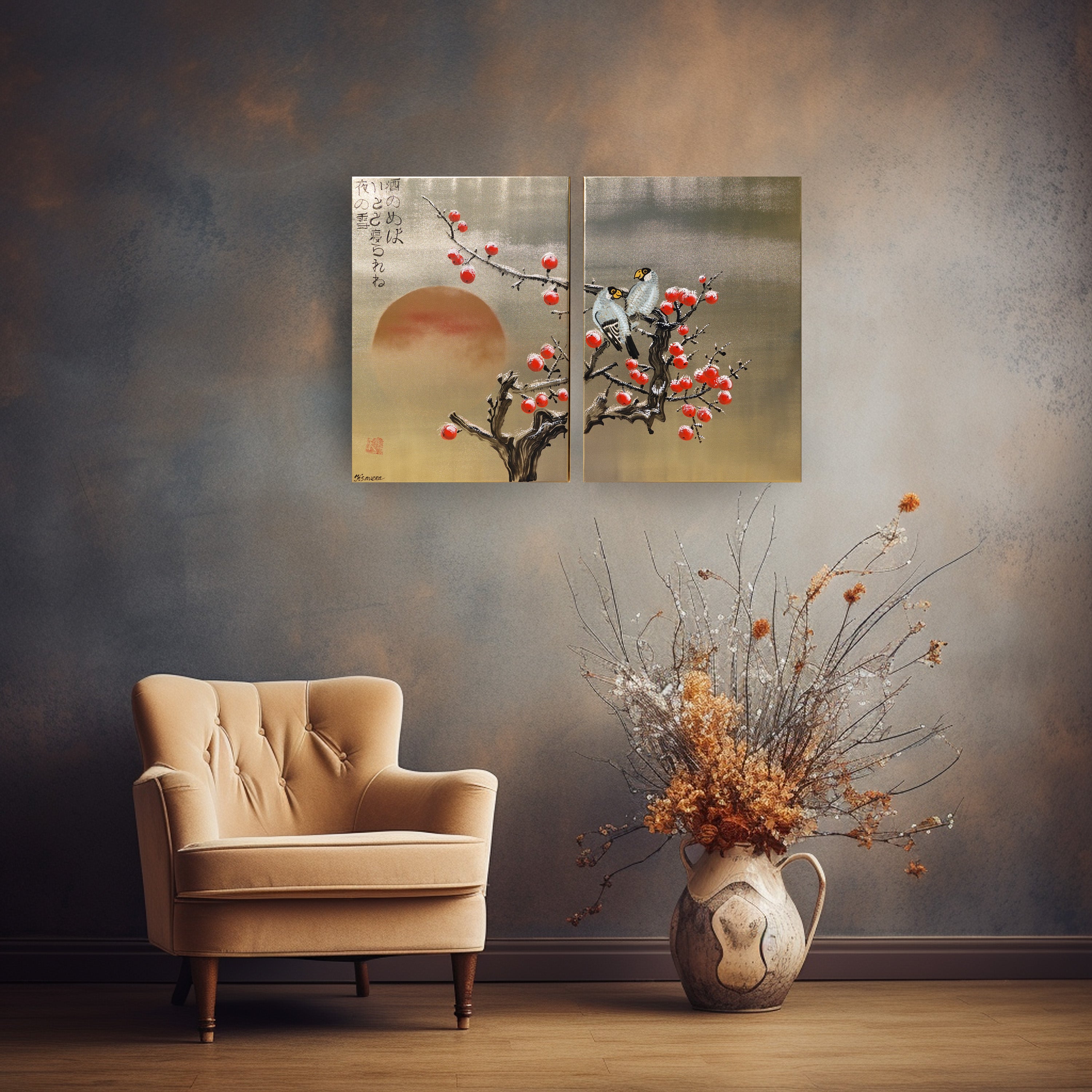 Apple tree in snow and love birds J324 is a Japanese-inspired gold diptych.
Original Acrylic Painting on stretched gold canvas by artist Ksavera.