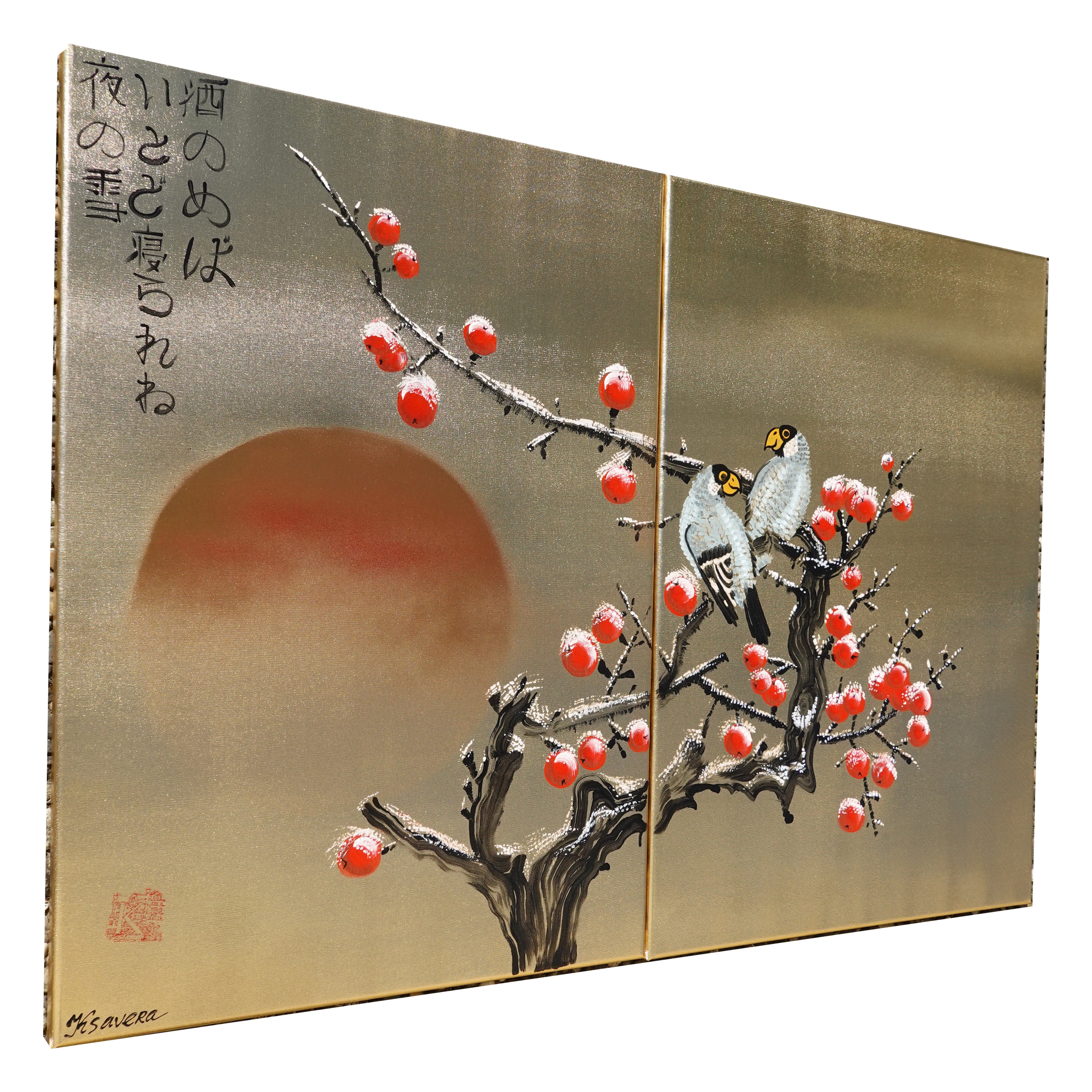 Apple tree in snow and love birds J324 is a Japanese-inspired gold diptych.
Original Acrylic Painting on stretched gold canvas by artist Ksavera.