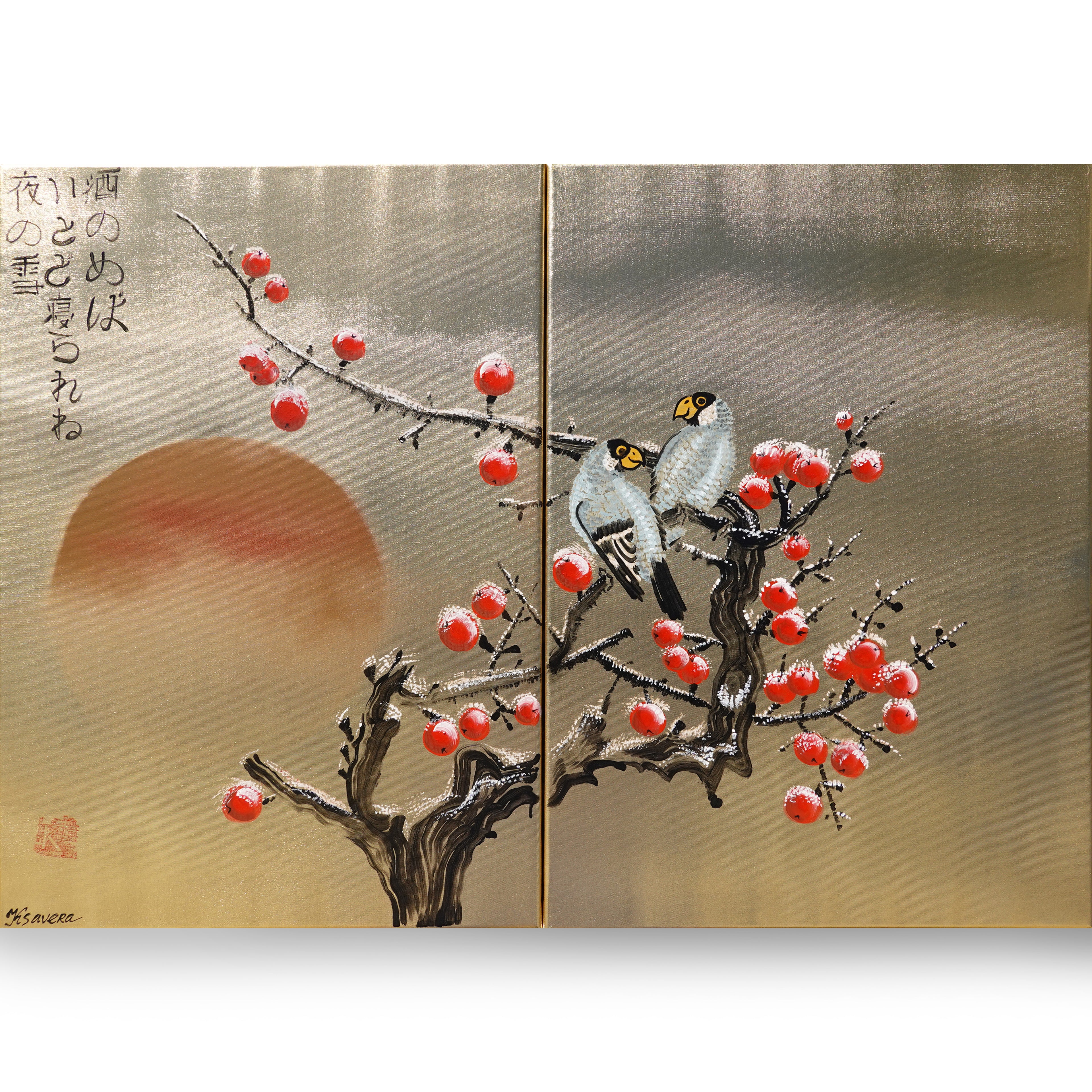 Apple tree in snow and love birds J324 is a Japanese-inspired gold diptych.
Original Acrylic Painting on stretched gold canvas by artist Ksavera.
