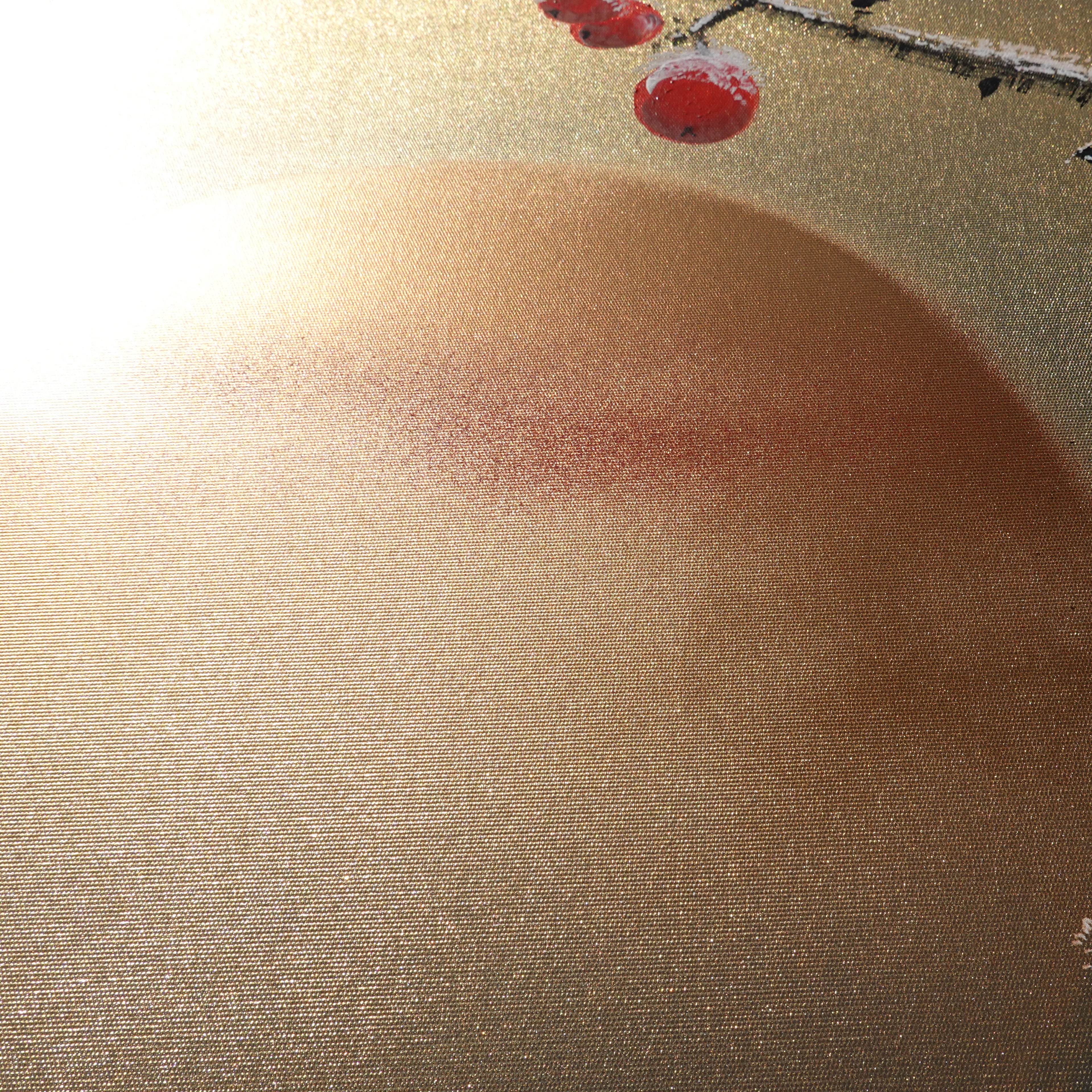 Apple tree in snow and love birds J324 is a Japanese-inspired gold diptych.
Original Acrylic Painting on stretched gold canvas by artist Ksavera.