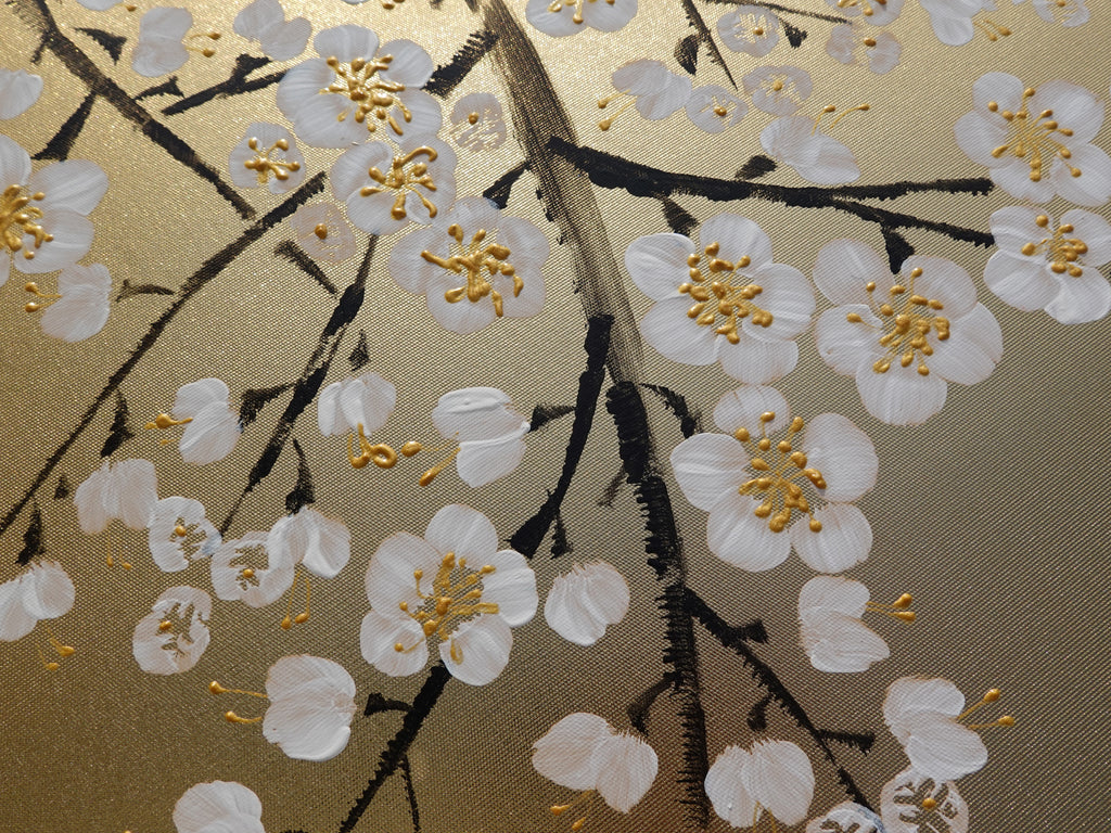 White Cherry blossoms J339 is a Japanese-inspired diptych.
Original Acrylic Painting on stretched gold canvas by artist Ksavera