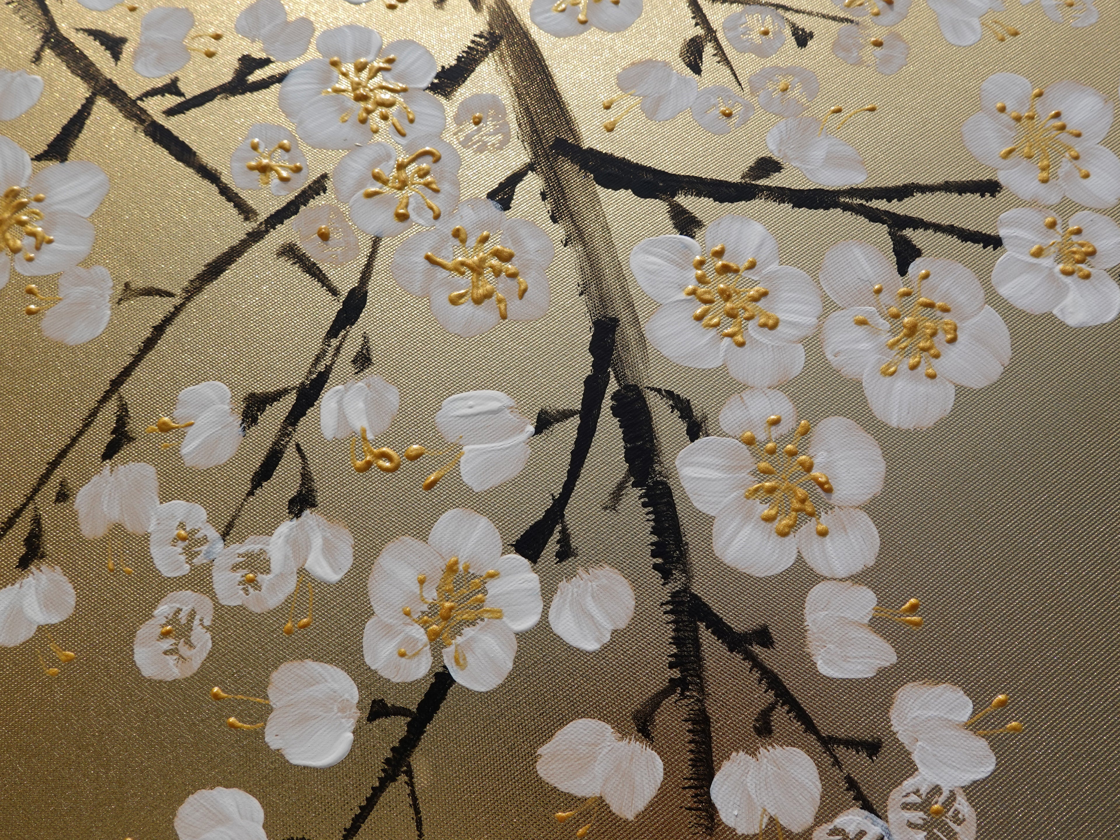 White Cherry blossoms J339 is a Japanese-inspired diptych.
Original Acrylic Painting on stretched gold canvas by artist Ksavera