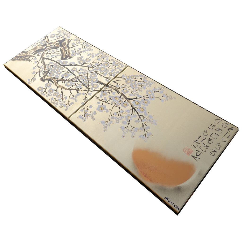 White Cherry blossoms J339 is a Japanese-inspired diptych.
Original Acrylic Painting on stretched gold canvas by artist Ksavera