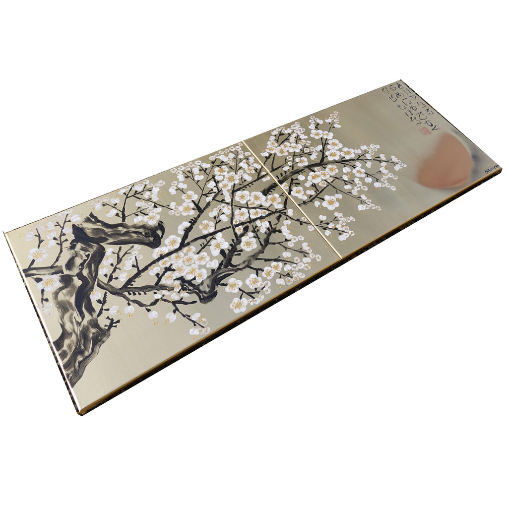 White Cherry blossoms J339 is a Japanese-inspired diptych.
Original Acrylic Painting on stretched gold canvas by artist Ksavera