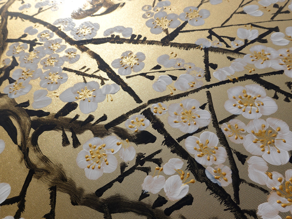 White Cherry blossoms J339 is a Japanese-inspired diptych.
Original Acrylic Painting on stretched gold canvas by artist Ksavera