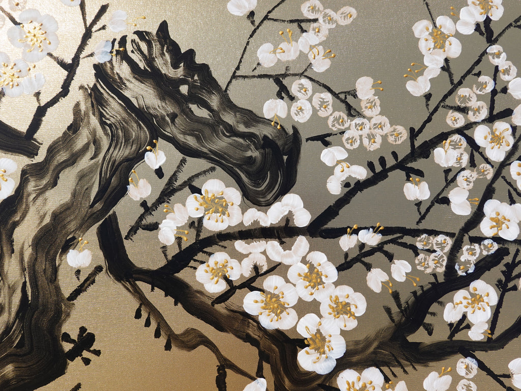 White Cherry blossoms J340 is a Japanese diptych. Original Acrylic Painting on stretched gold canvas by artist Ksavera