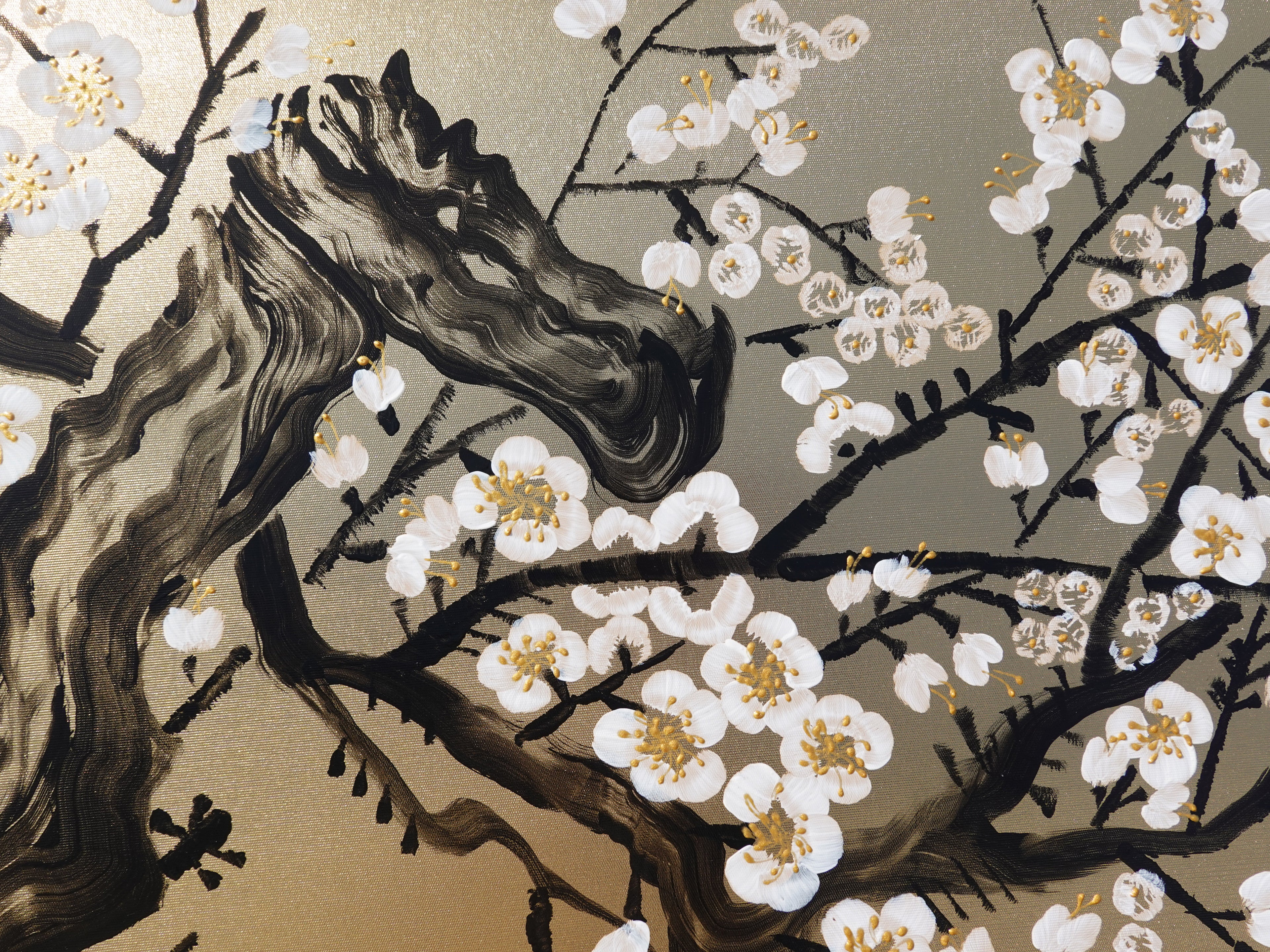 White Cherry blossoms J340 is a Japanese diptych. Original Acrylic Painting on stretched gold canvas by artist Ksavera