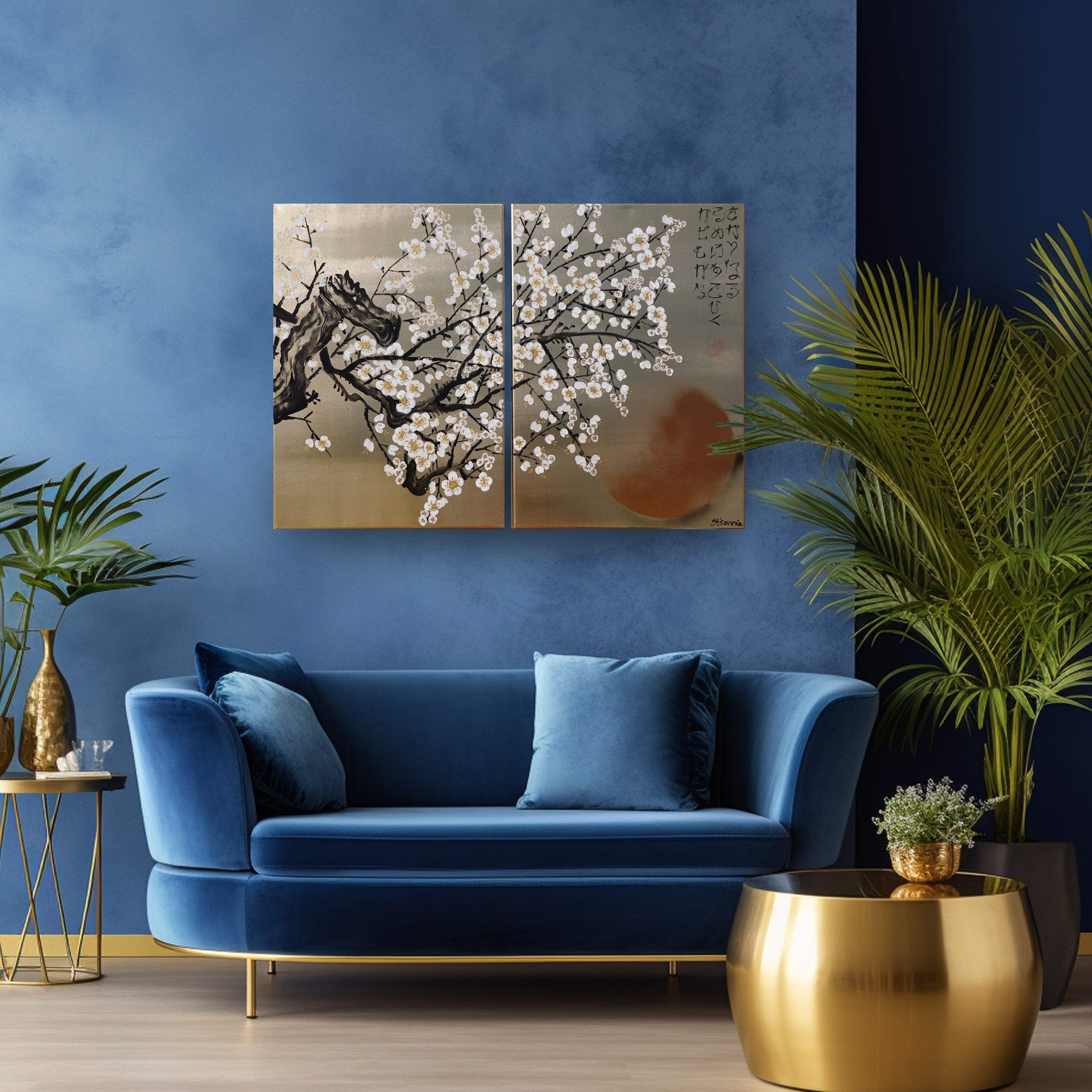 White Cherry blossoms J340 is a Japanese diptych. Original Acrylic Painting on stretched gold canvas by artist Ksavera