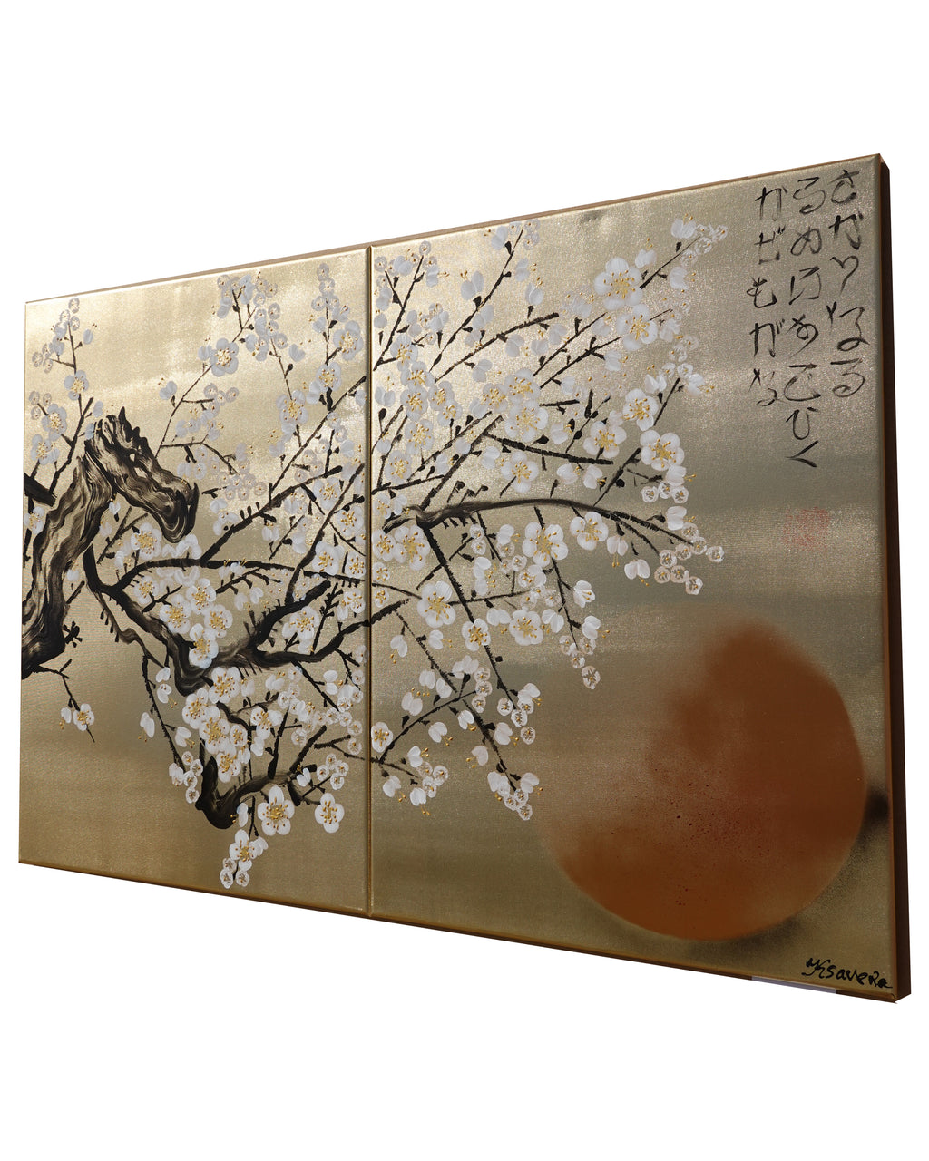 White Cherry blossoms J340 is a Japanese diptych. Original Acrylic Painting on stretched gold canvas by artist Ksavera