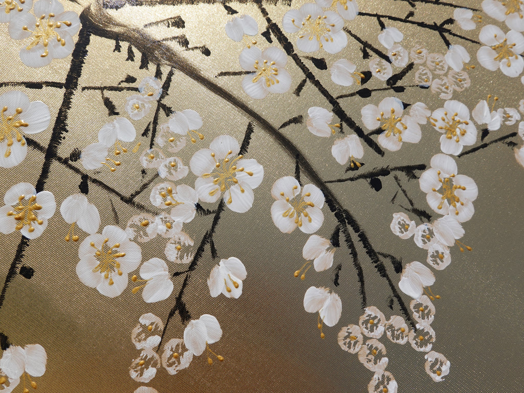 White Cherry blossoms J340 is a Japanese diptych. Original Acrylic Painting on stretched gold canvas by artist Ksavera