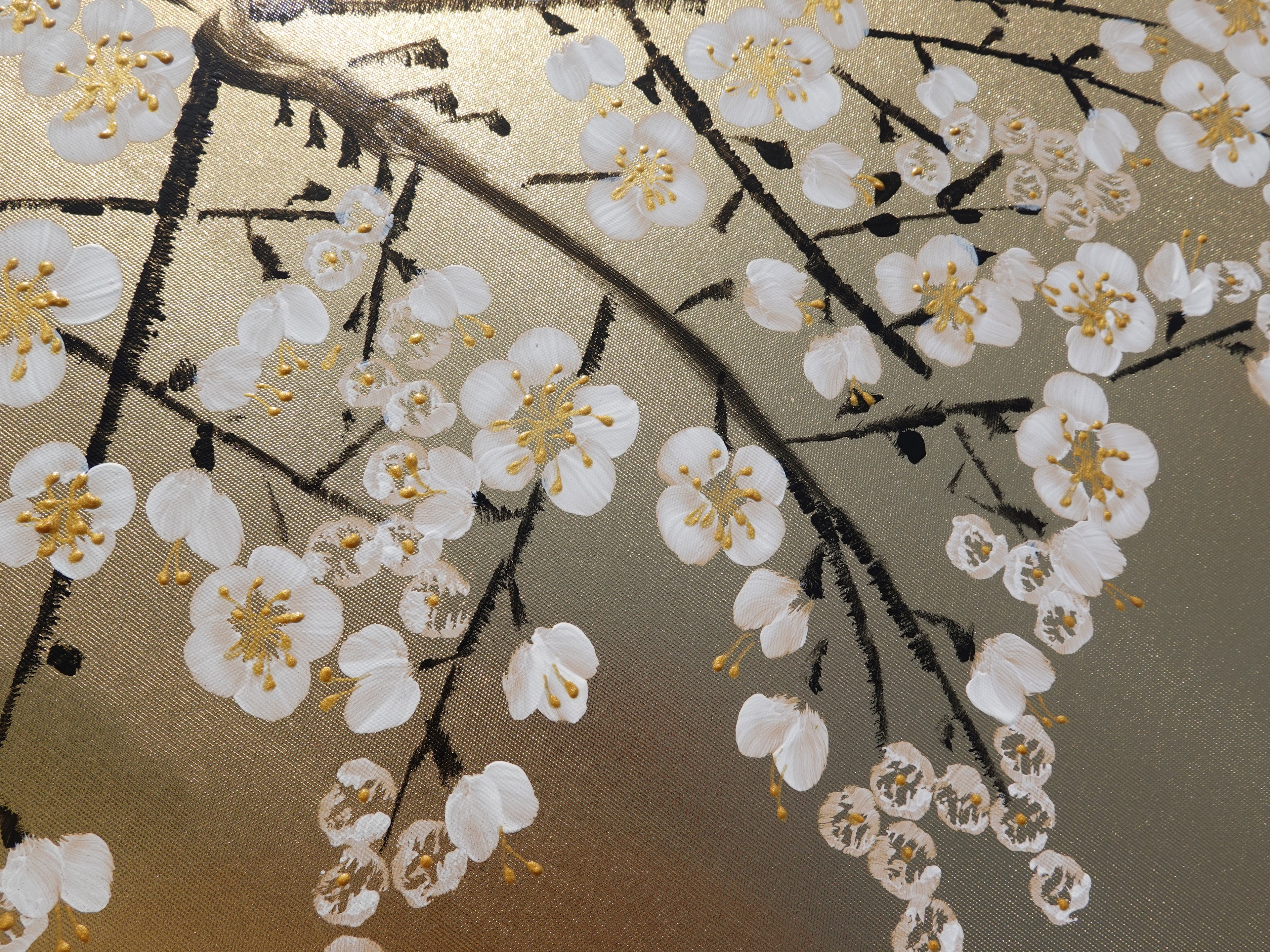 White Cherry blossoms J340 is a Japanese diptych. Original Acrylic Painting on stretched gold canvas by artist Ksavera