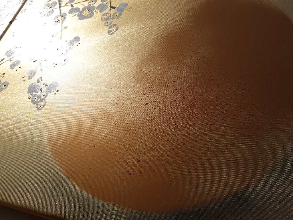 White Cherry blossoms J340 is a Japanese diptych. Original Acrylic Painting on stretched gold canvas by artist Ksavera