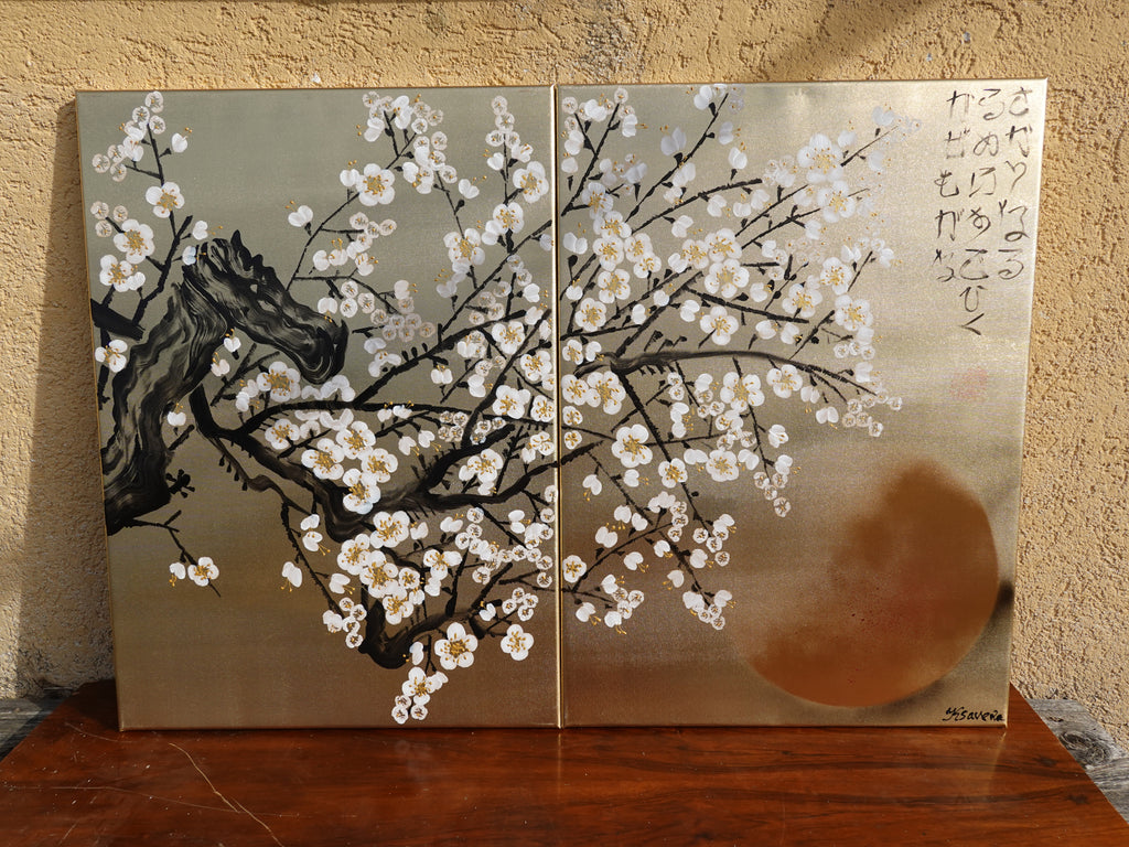 White Cherry blossoms J340 is a Japanese diptych. Original Acrylic Painting on stretched gold canvas by artist Ksavera