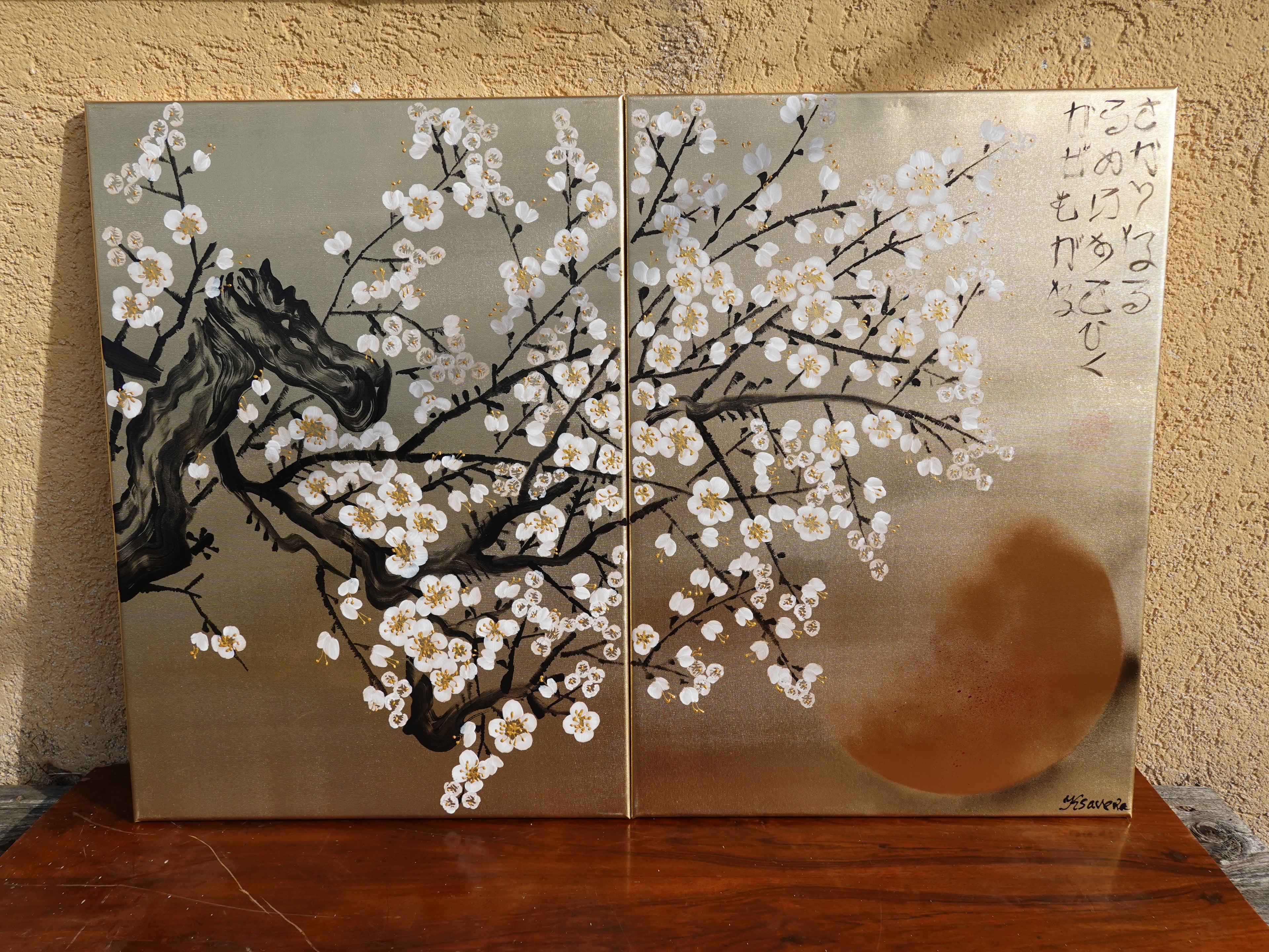 White Cherry blossoms J340 is a Japanese diptych. Original Acrylic Painting on stretched gold canvas by artist Ksavera