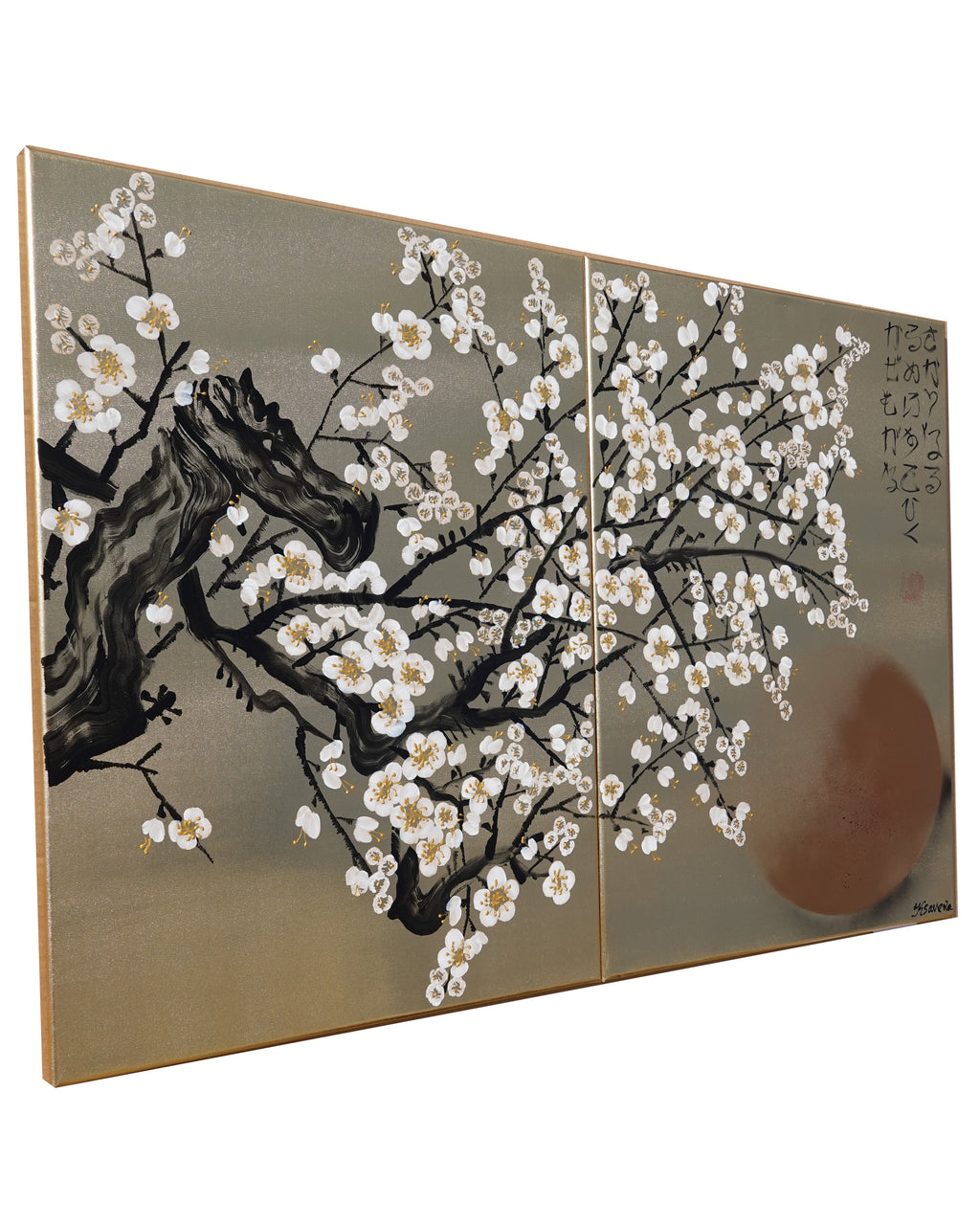 White Cherry blossoms J340 is a Japanese diptych. Original Acrylic Painting on stretched gold canvas by artist Ksavera