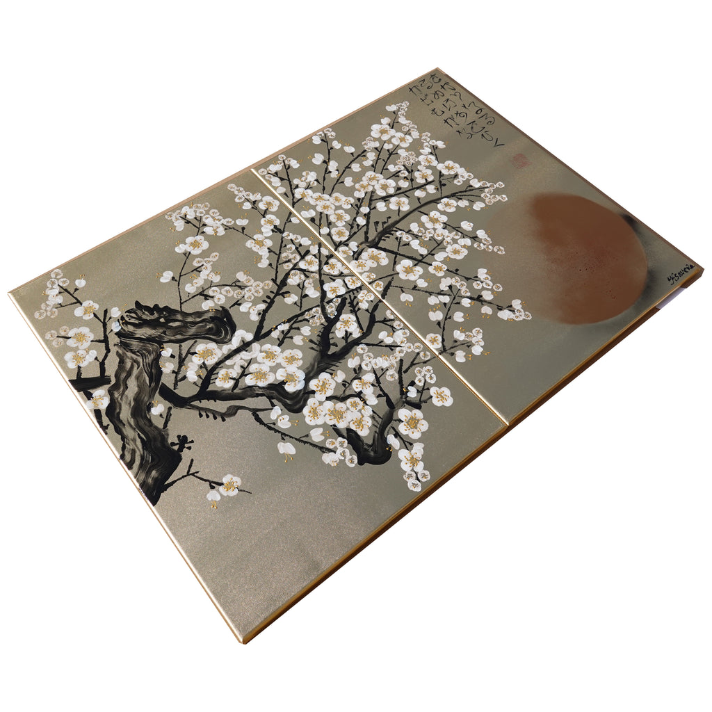 White Cherry blossoms J340 is a Japanese diptych. Original Acrylic Painting on stretched gold canvas by artist Ksavera
