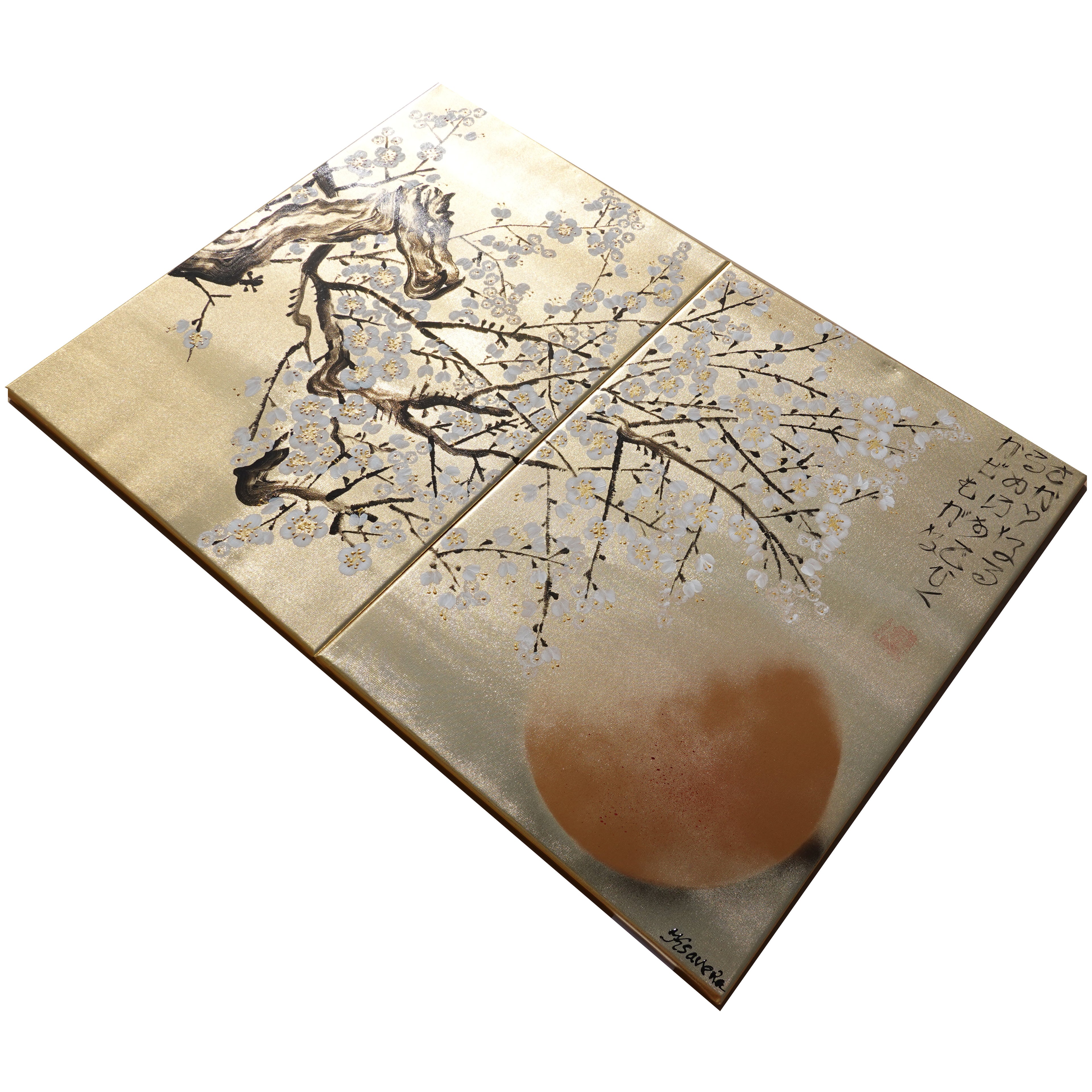 White Cherry blossoms J340 is a Japanese diptych. Original Acrylic Painting on stretched gold canvas by artist Ksavera