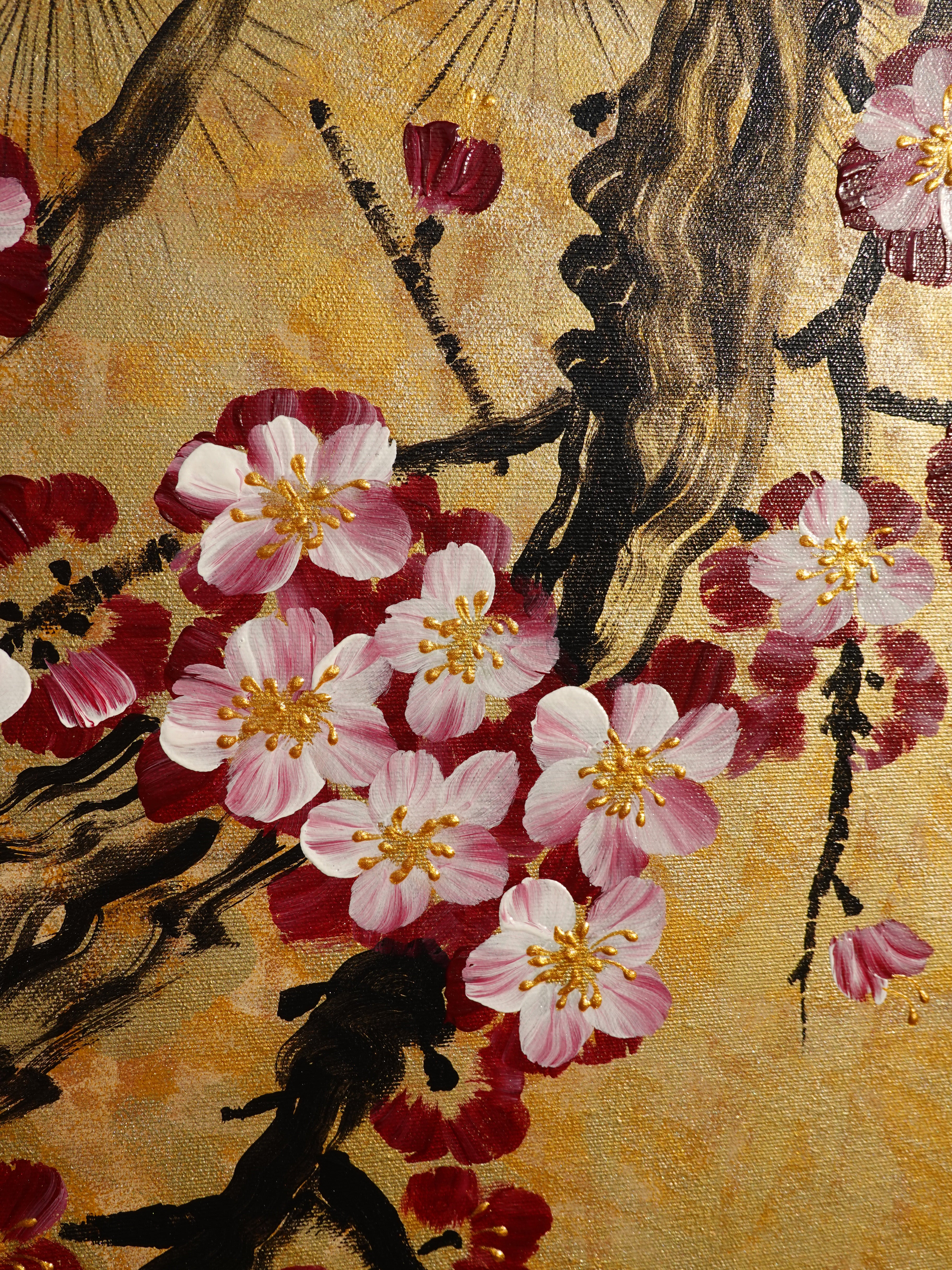 Sakura and love birds J348 Japanese gold painting - set of 4 canvases - Large gold paintings by Ksavera