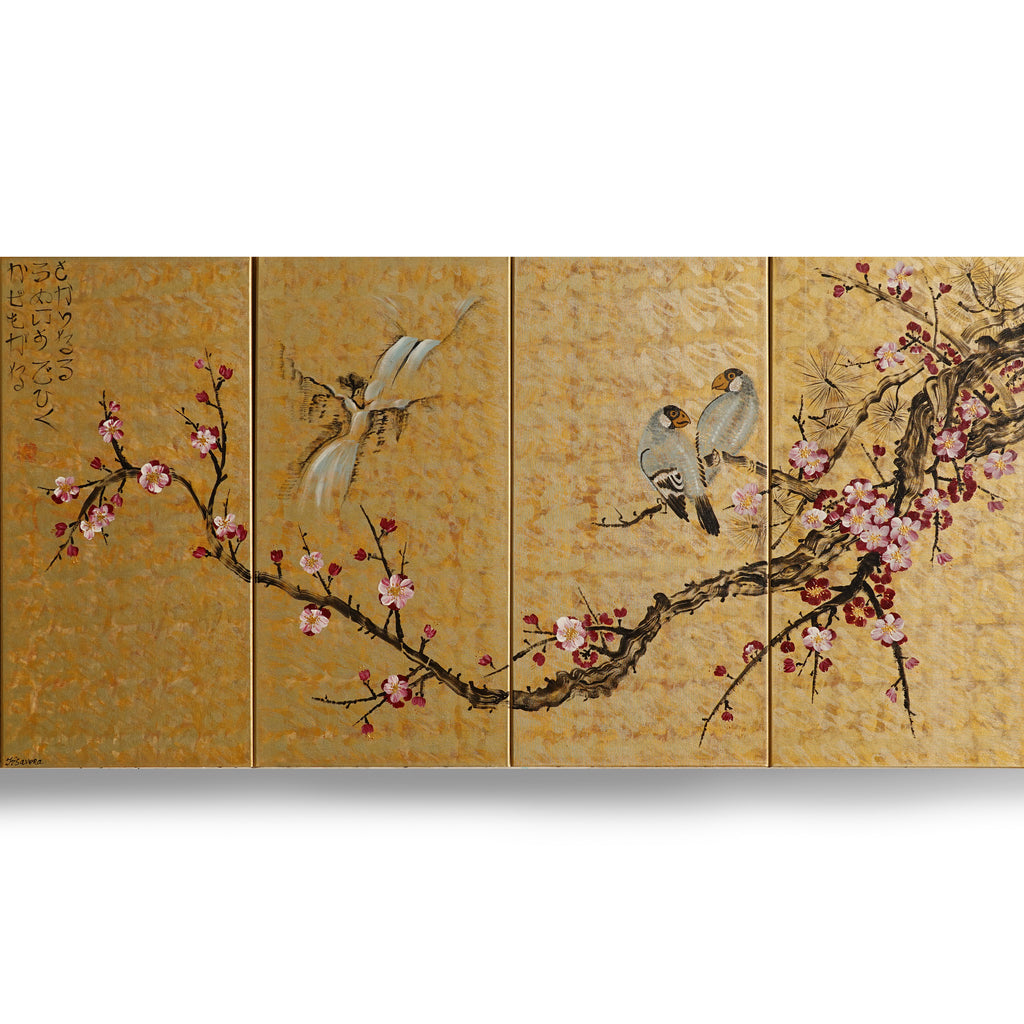 Sakura and love birds J348 Japanese gold painting - set of 4 canvases - Large gold paintings by Ksavera