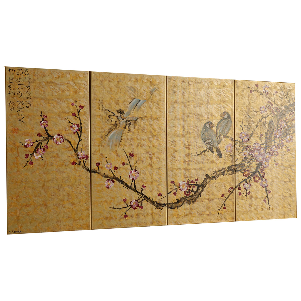 Sakura and love birds J348 Japanese gold painting - set of 4 canvases - Large gold paintings by Ksavera