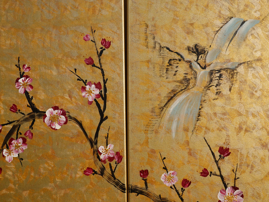 Sakura and love birds J348 Japanese gold painting - set of 4 canvases - Large gold paintings by Ksavera