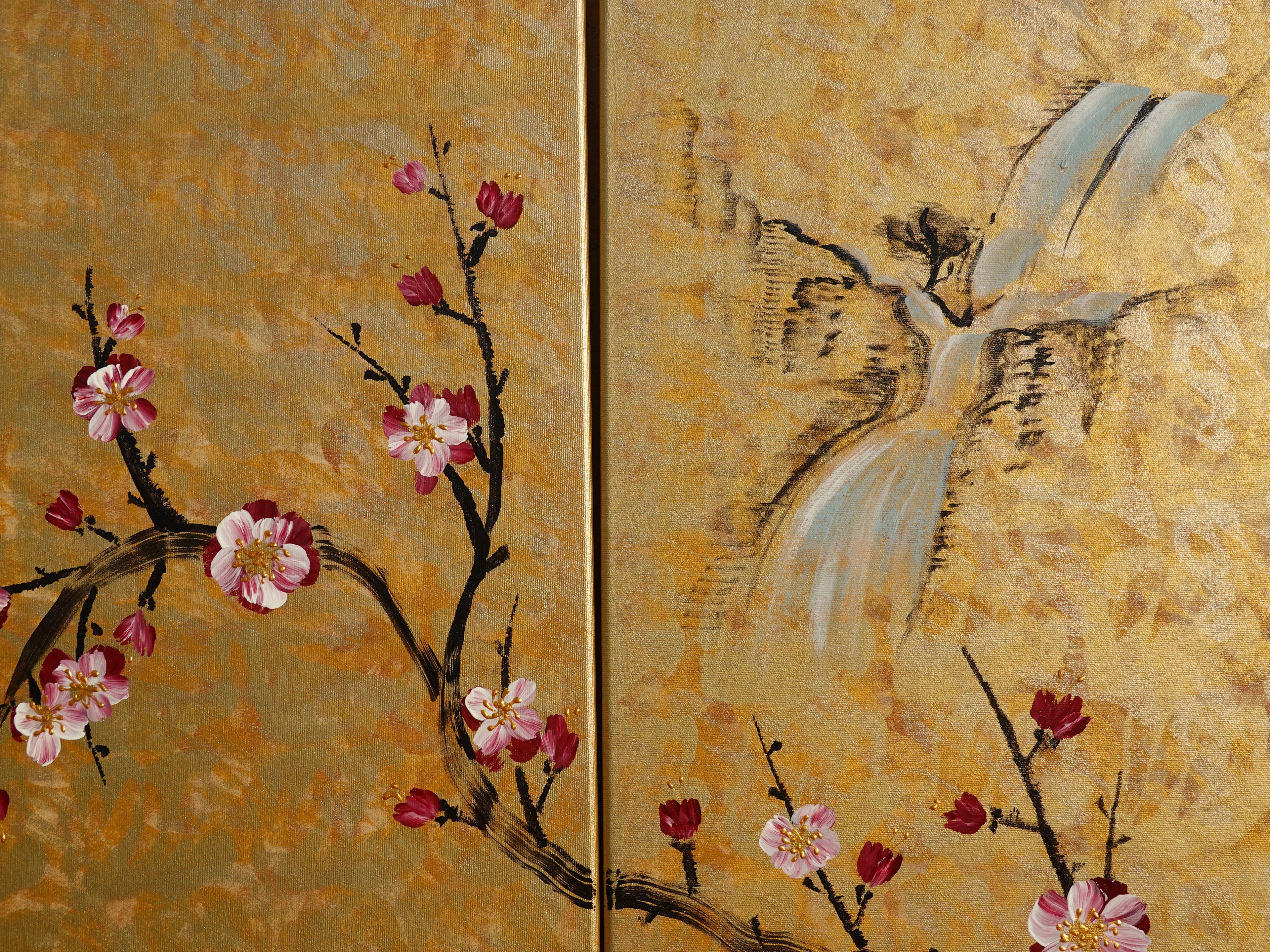 Sakura and love birds J348 Japanese gold painting - set of 4 canvases - Large gold paintings by Ksavera