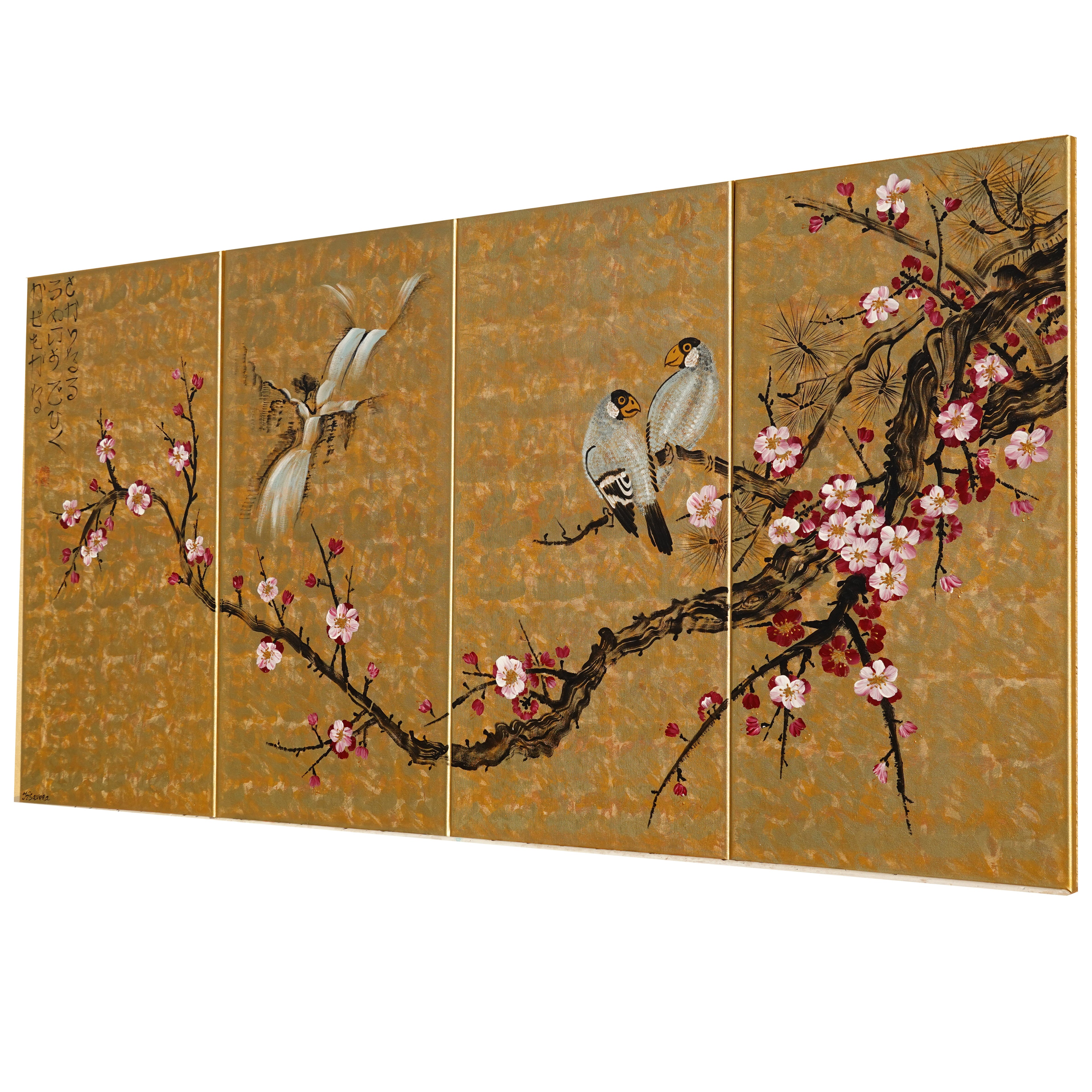 love birds J348 Japanese gold painting - set of 4 canvases - Large gold paintings by Ksavera