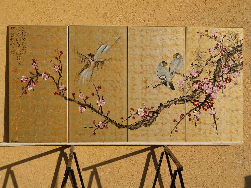 Sakura and love birds J348 Japanese gold painting - set of 4 canvases - Large gold paintings by Ksavera