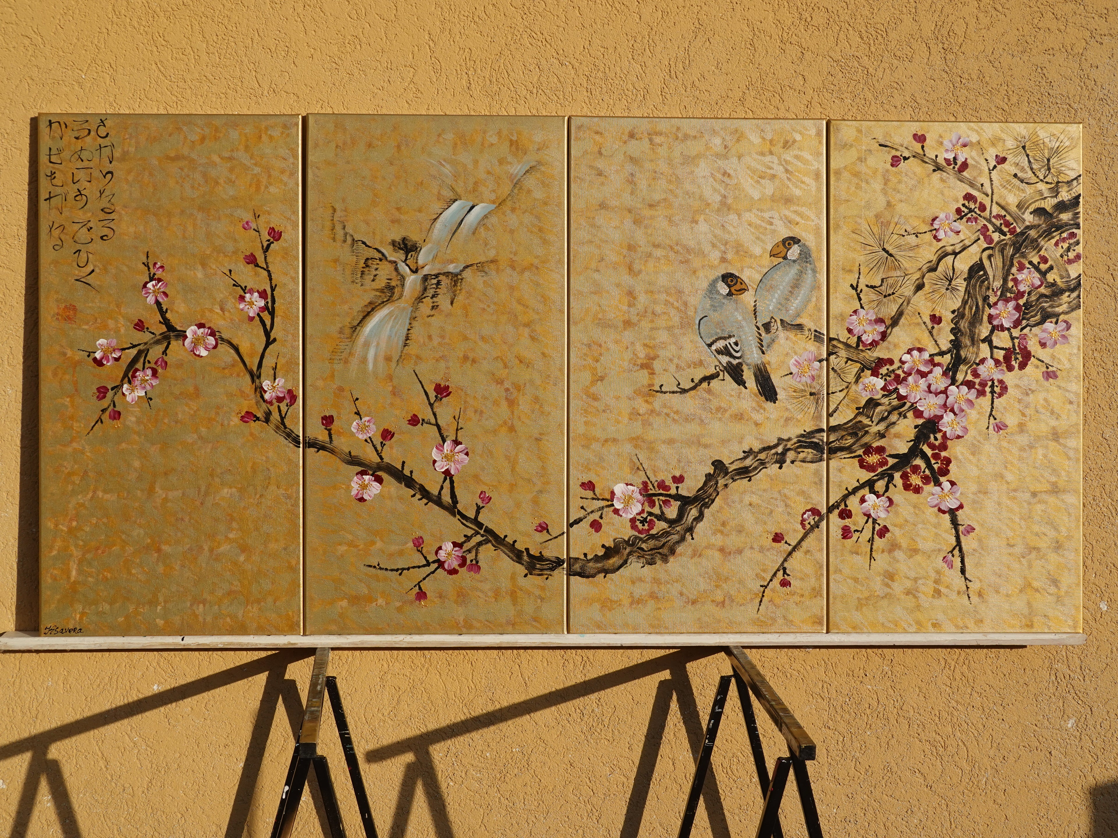 Sakura and love birds J348 Japanese gold painting - set of 4 canvases - Large gold paintings by Ksavera