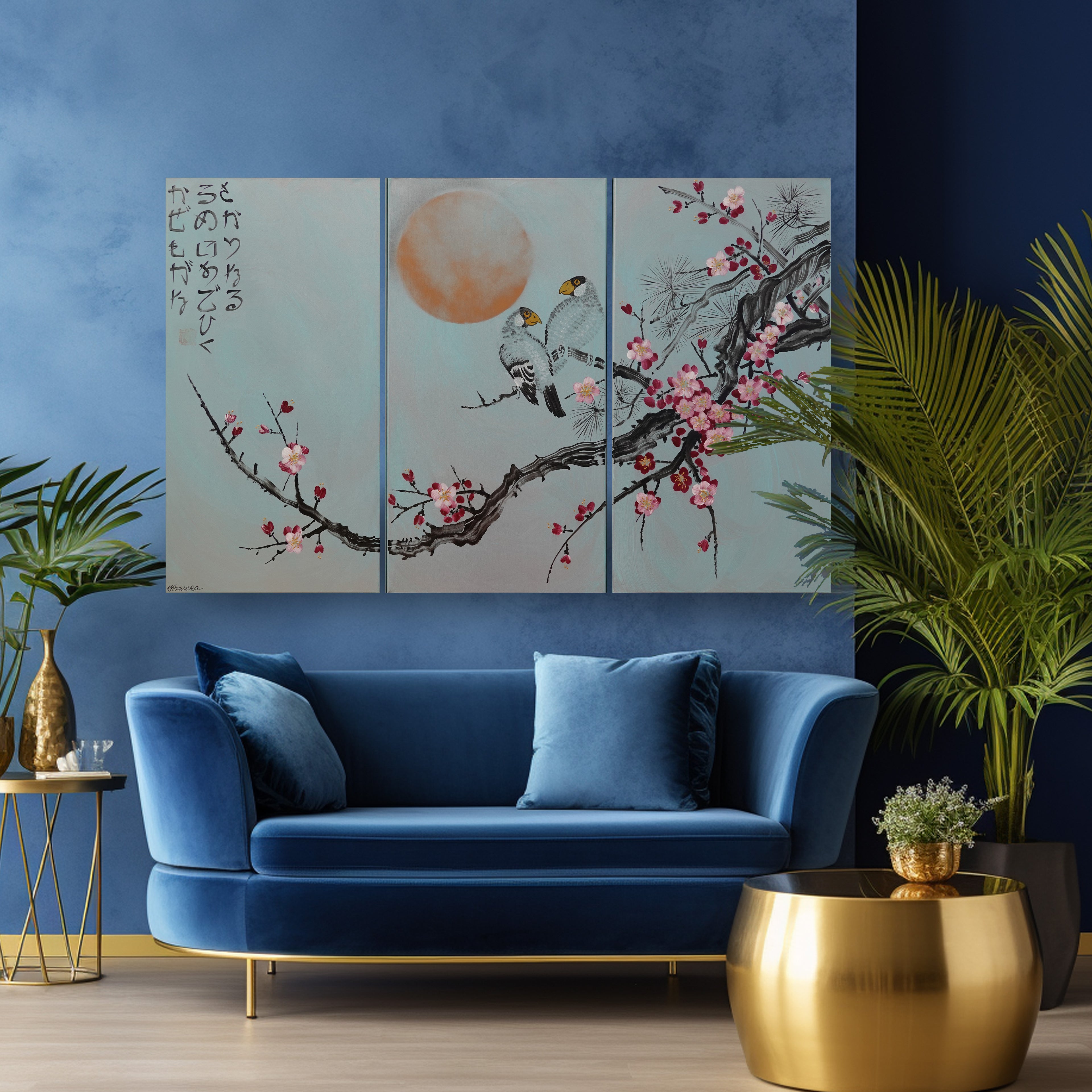 Sakura and love birds J357 - japanese silver teal triptych - large original paintings by Ksavera
