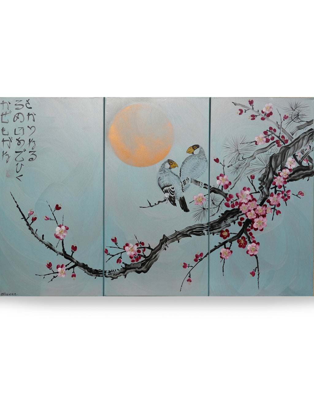 Sakura and love birds J357 - japanese silver teal triptych - large original paintings by Ksavera