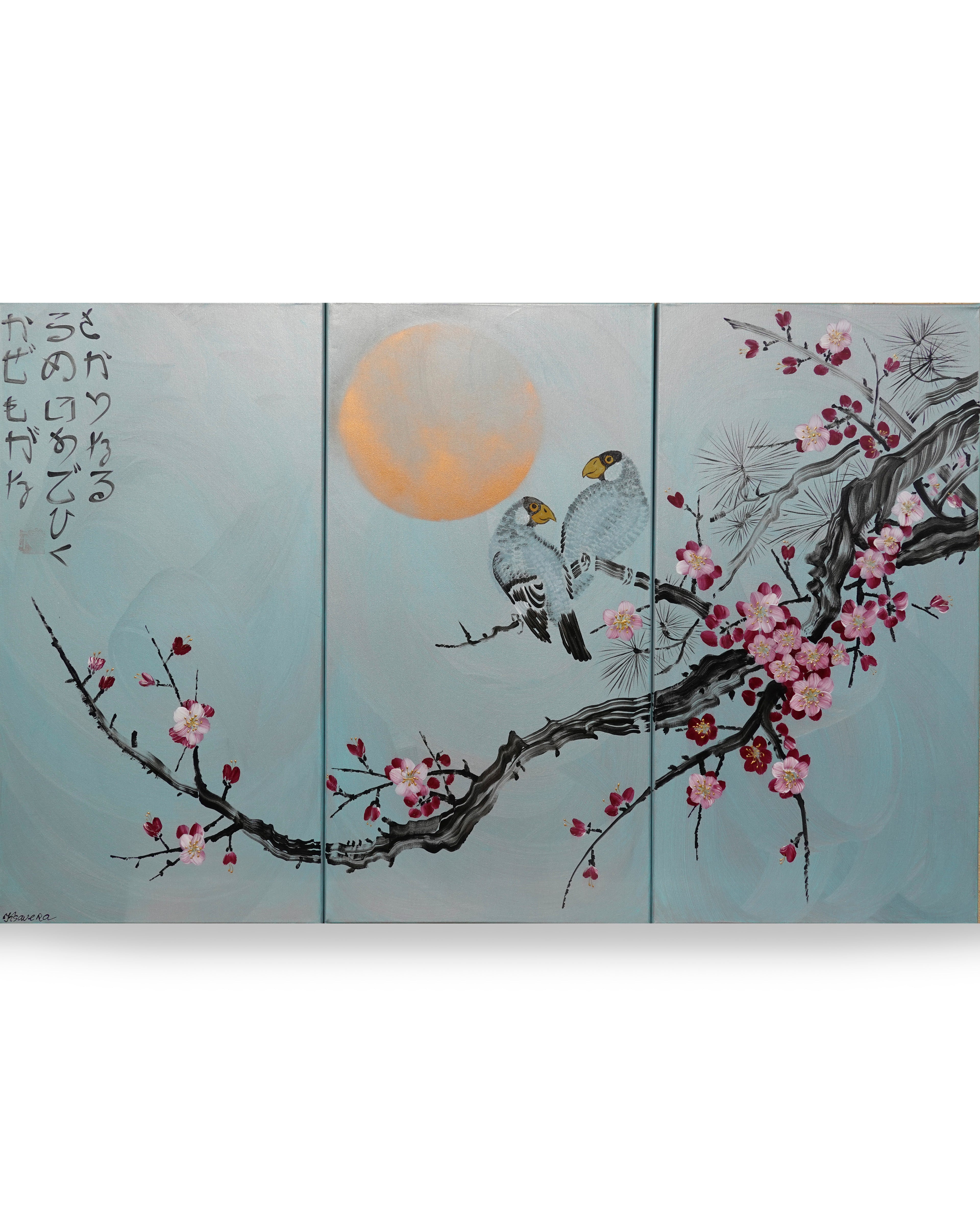 Sakura and love birds J357 - japanese silver teal triptych - large original paintings by Ksavera