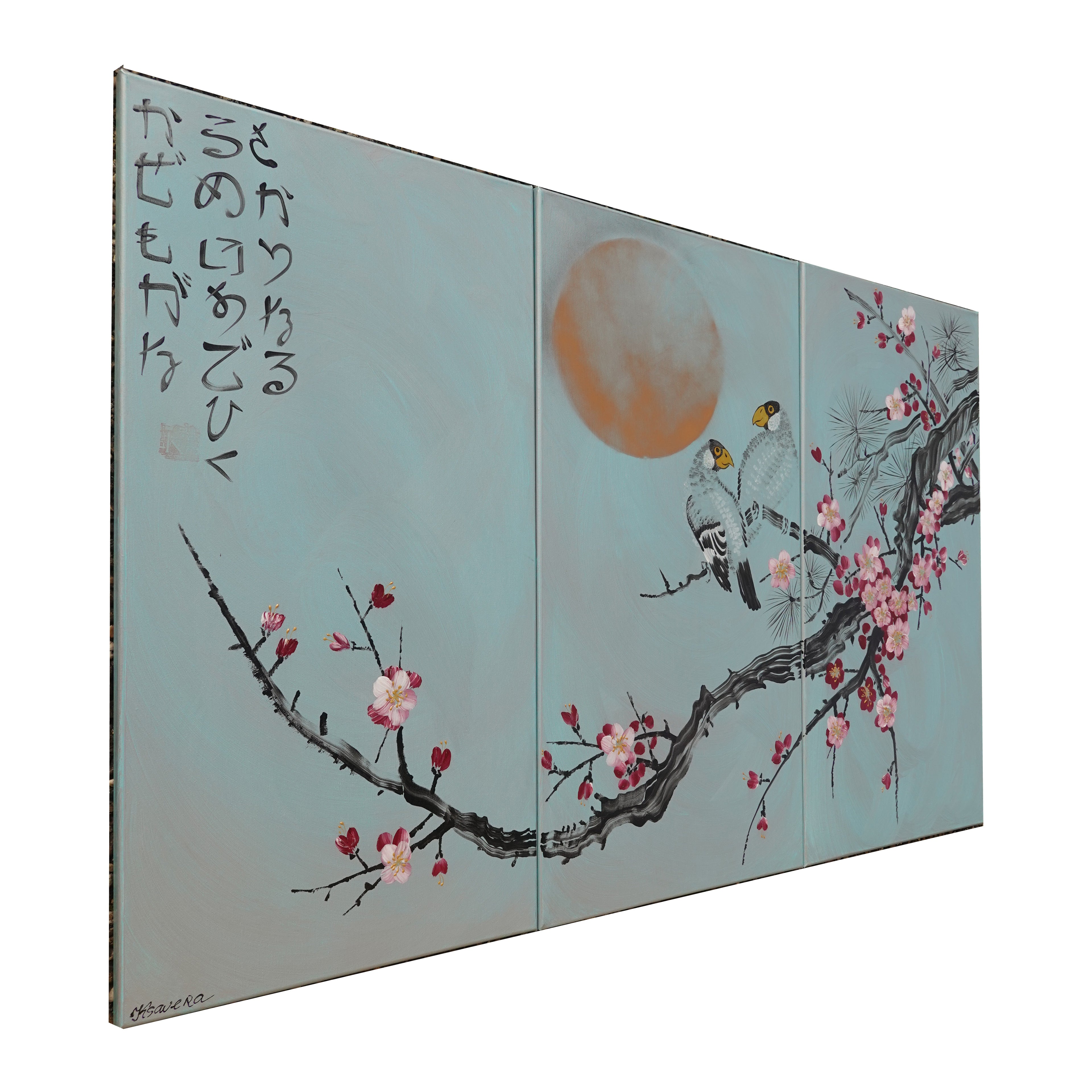 Sakura and love birds J357 - japanese silver teal triptych - large original paintings by Ksavera