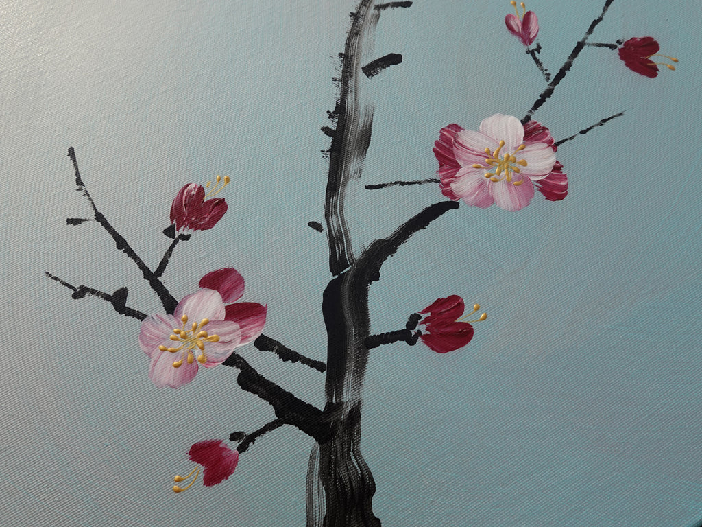 Sakura and love birds J357 - japanese silver teal triptych - large original paintings by Ksavera