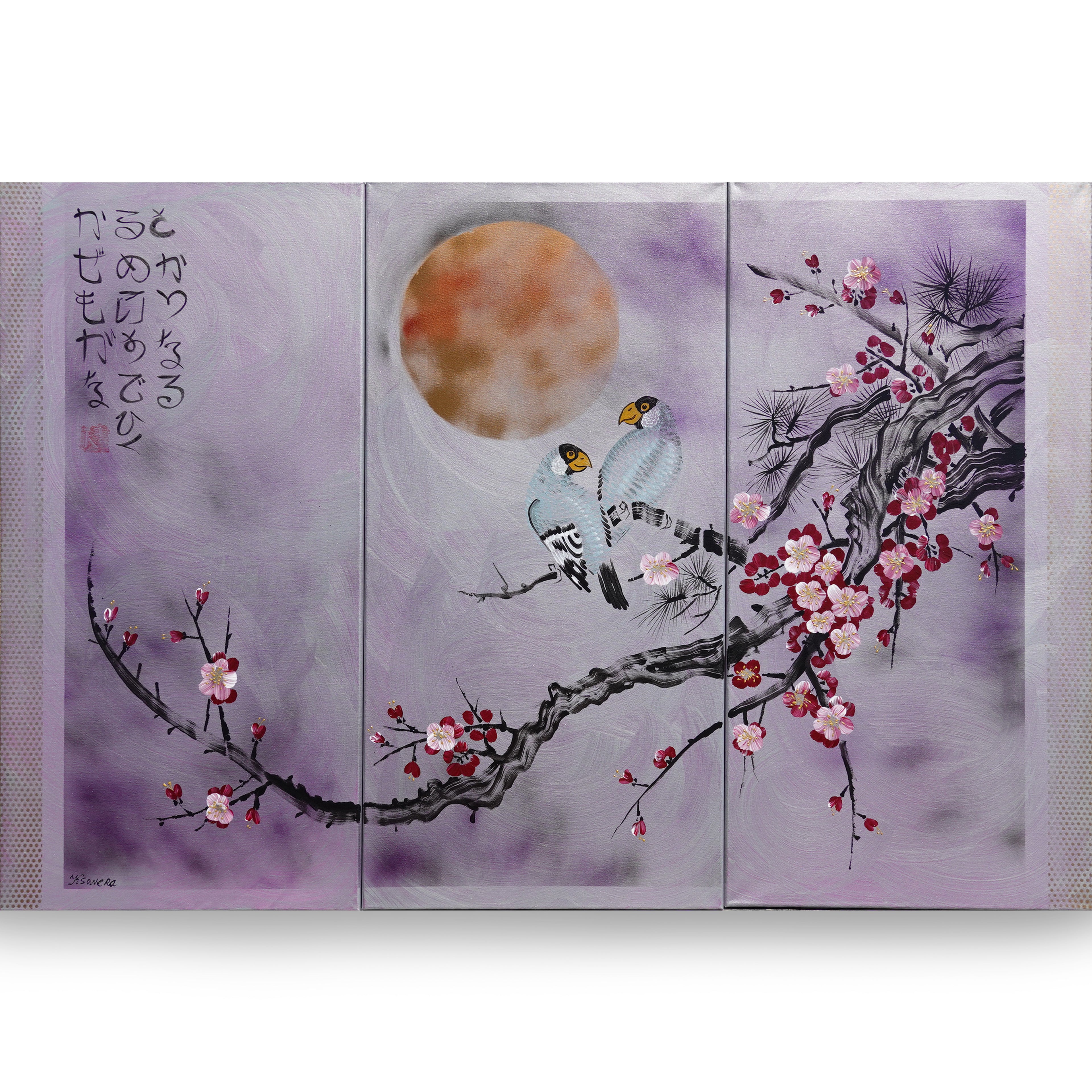 Sakura and love birds J358 - large japanese triptych - large original paintings by Ksavera