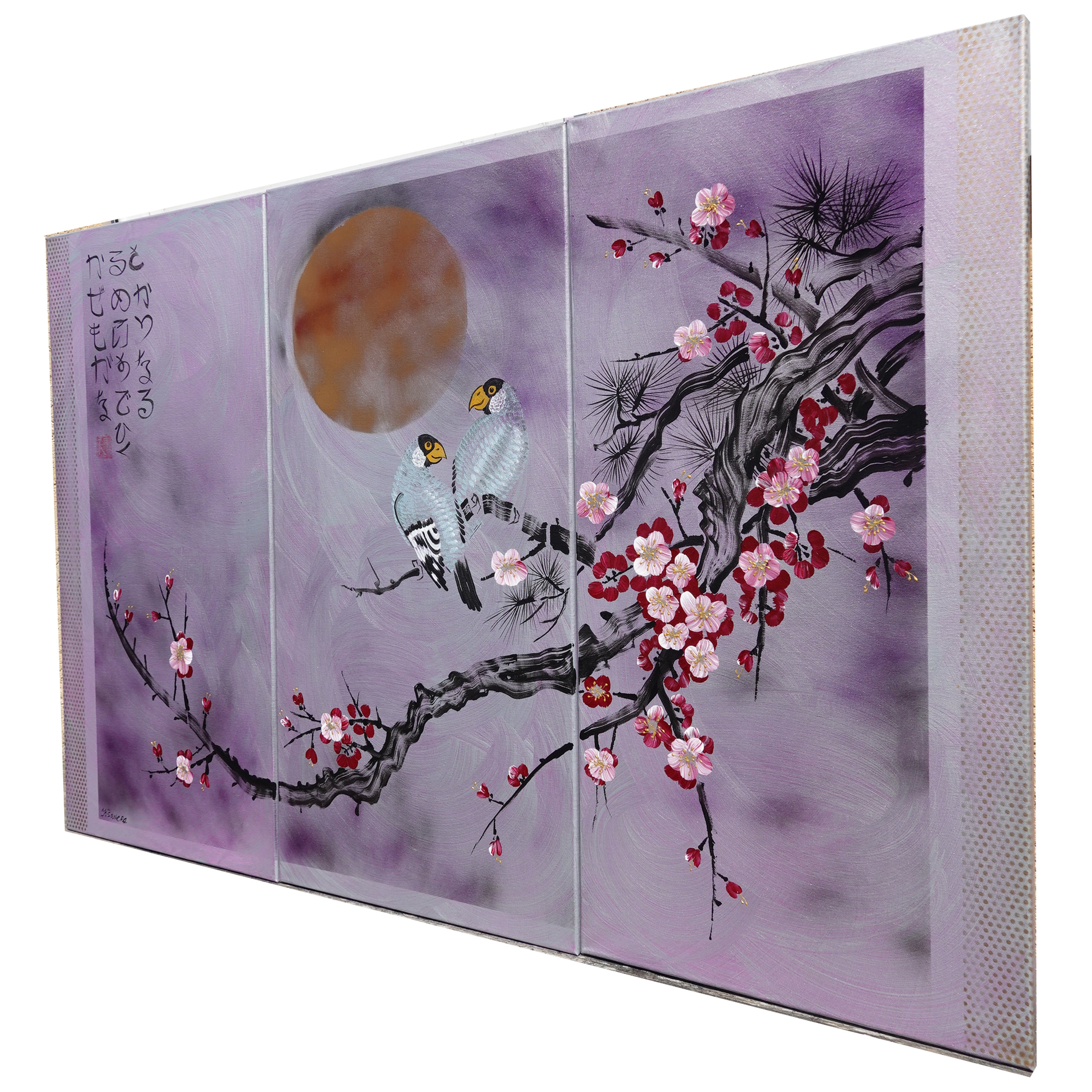 Sakura and love birds J358 - large japanese triptych - large original paintings by Ksavera