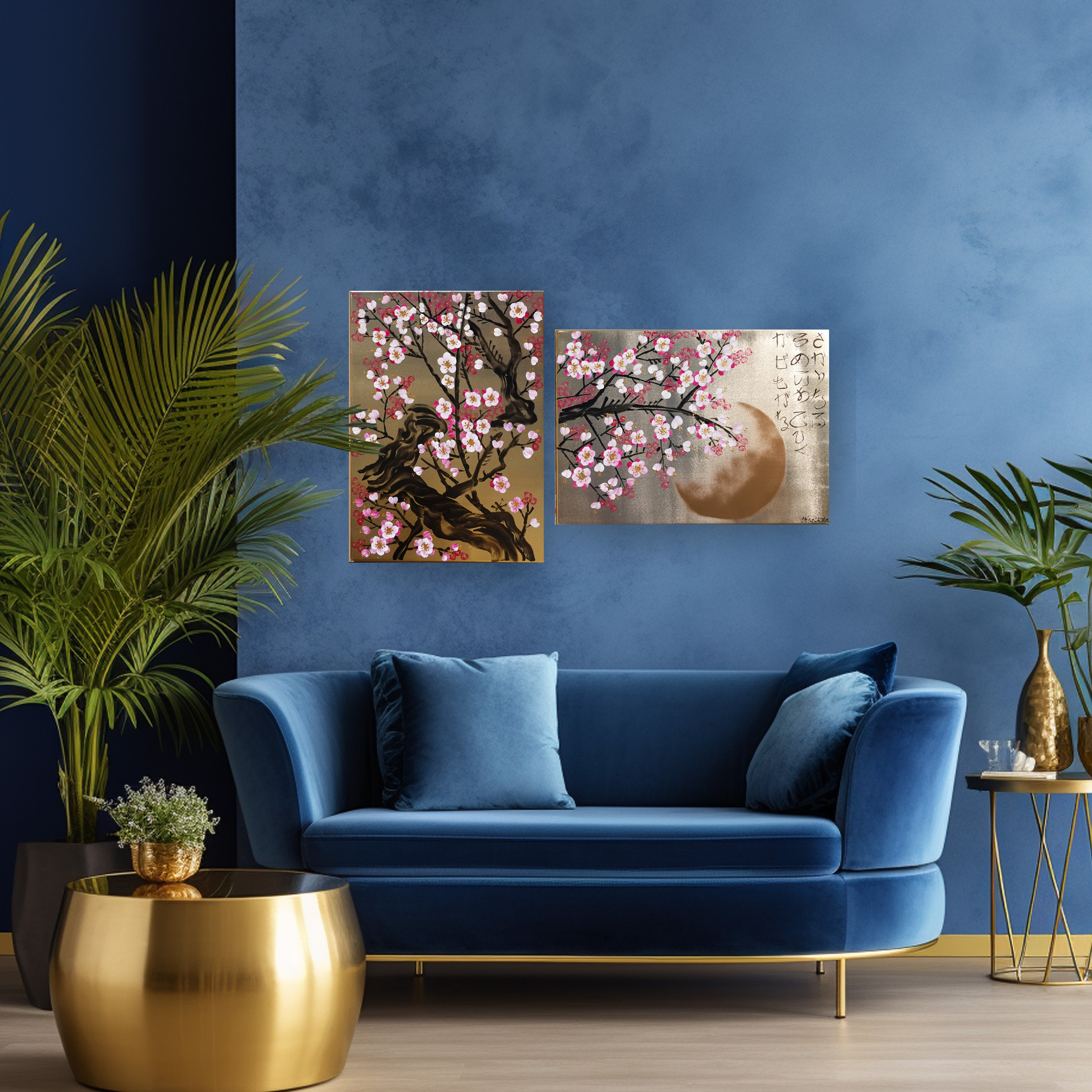 « Fleurs de cerisier roses J367 » est un diptyque japonais. Peinture acrylique originale sur toile dorée tendue, par l'artiste Ksavera.