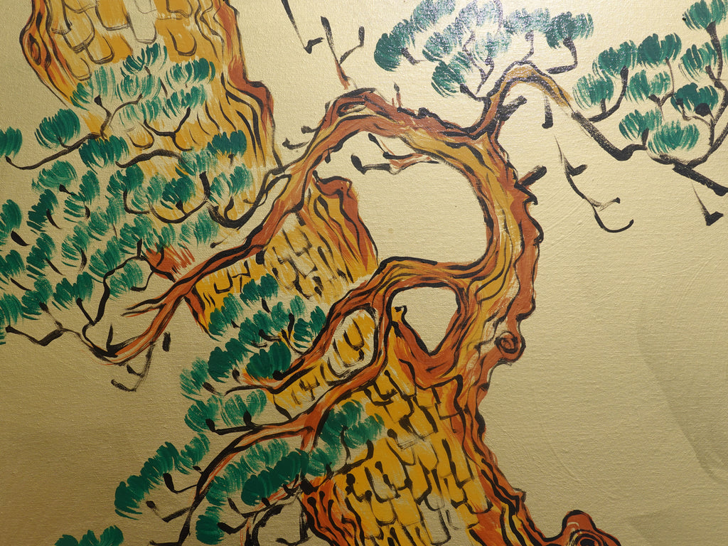 Japanischer Kranich J376 von Künstler Ksavera - extra großes Original-Acrylgemälde in Gold