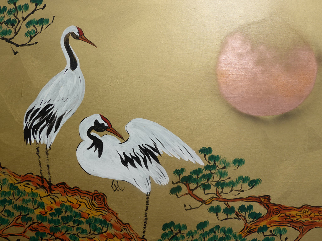 Japanischer Kranich J376 von Künstler Ksavera - extra großes Original-Acrylgemälde in Gold