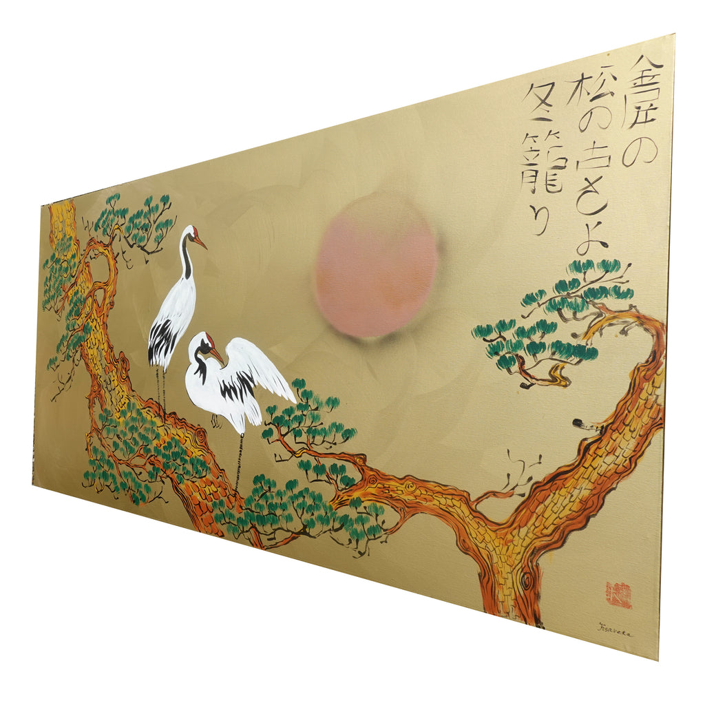 Japanischer Kranich J376 von Künstler Ksavera - extra großes Original-Acrylgemälde in Gold