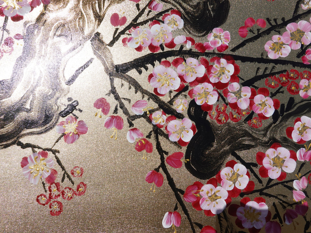 Fleurs de cerisier J337 est un diptyque japonais accompagné de haïkus. Peinture acrylique originale sur toile dorée tendue, par l'artiste Ksavera.