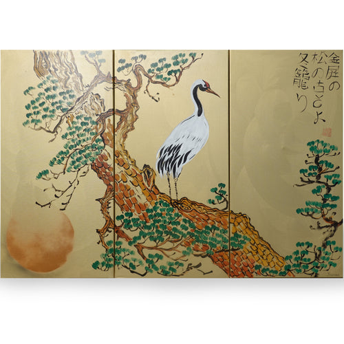 Crane J380 Japanese gold Triptych - Original Acrylic Painting by Ksavera