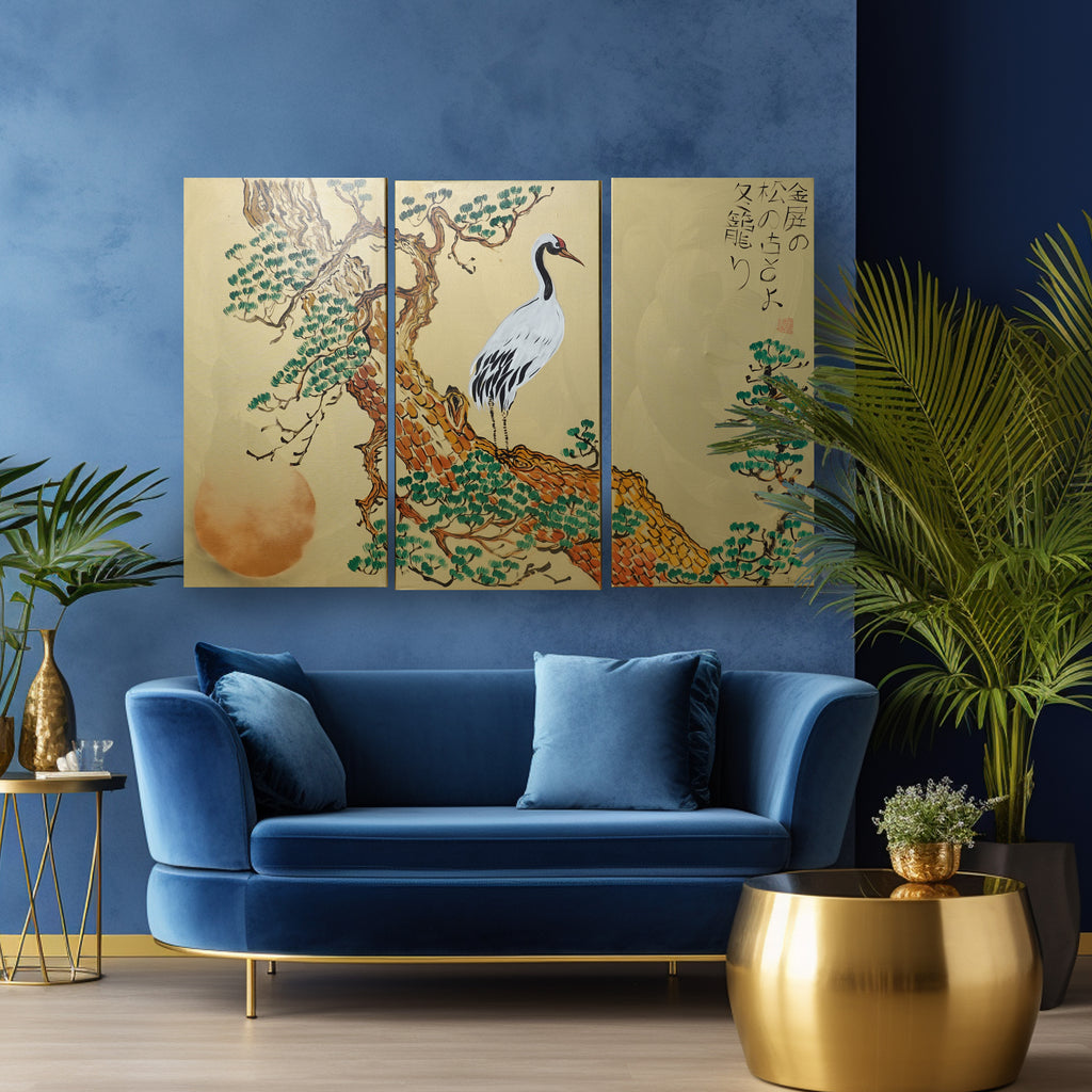 Crane J380 Japanese gold Triptych - Original Acrylic Painting by Ksavera