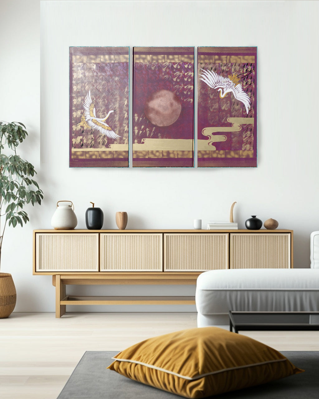 Crane J386 large Japanese purple gold triptych - original paintings by Ksavera