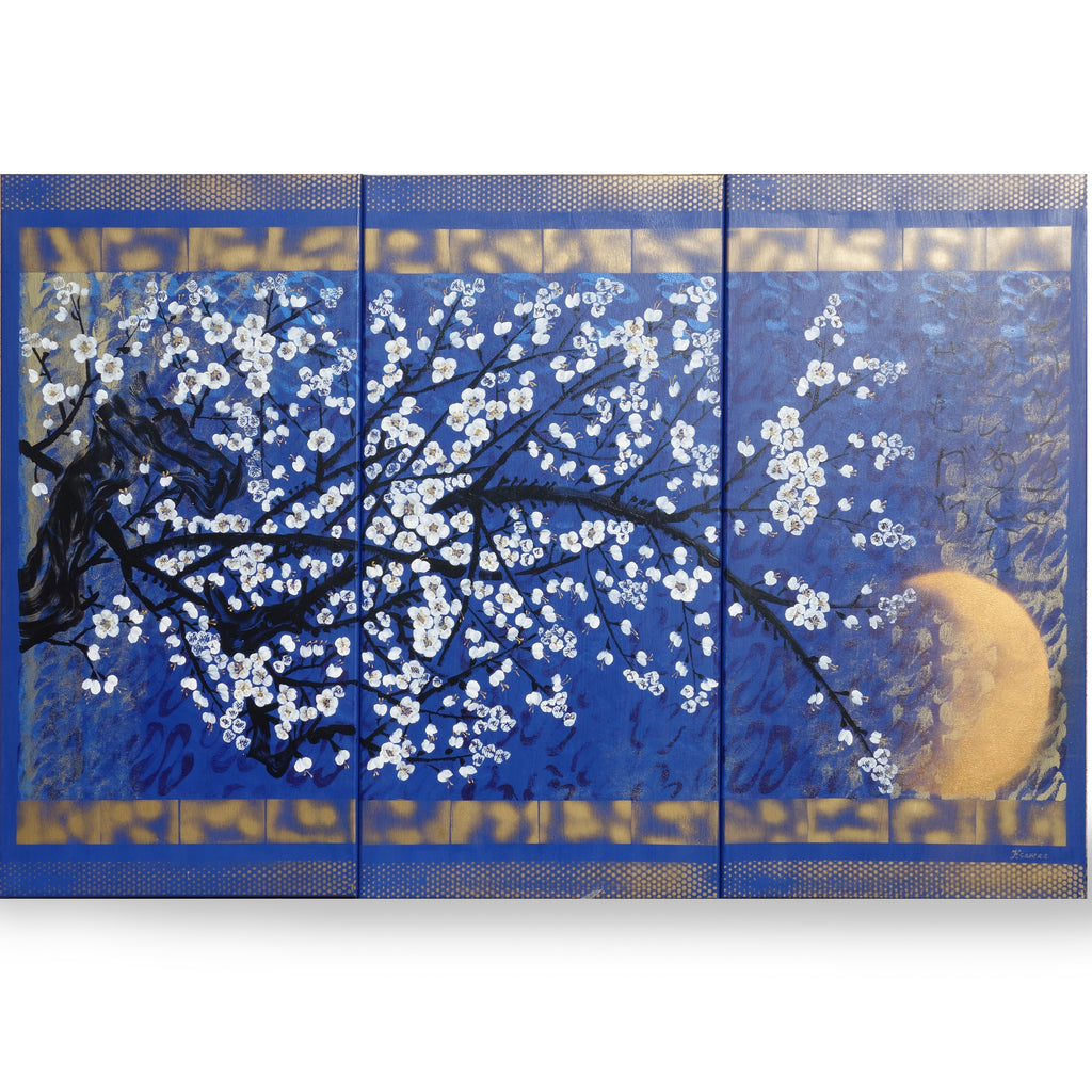 Sakura J390 - Japanese blue Triptych - Original Acrylic Painting by Ksavera