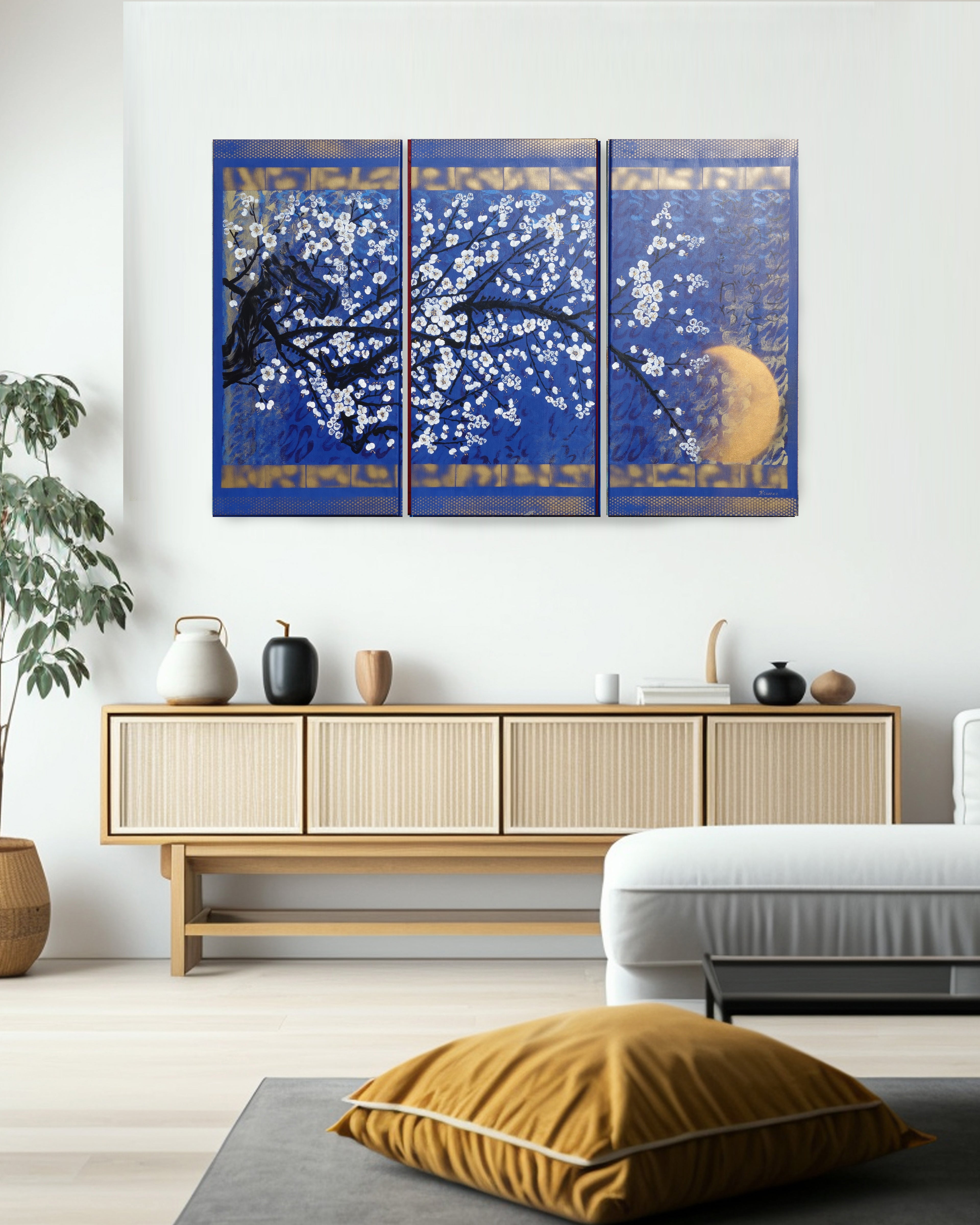 Sakura J390 - Japanese blue Triptych - Original Acrylic Painting by Ksavera
