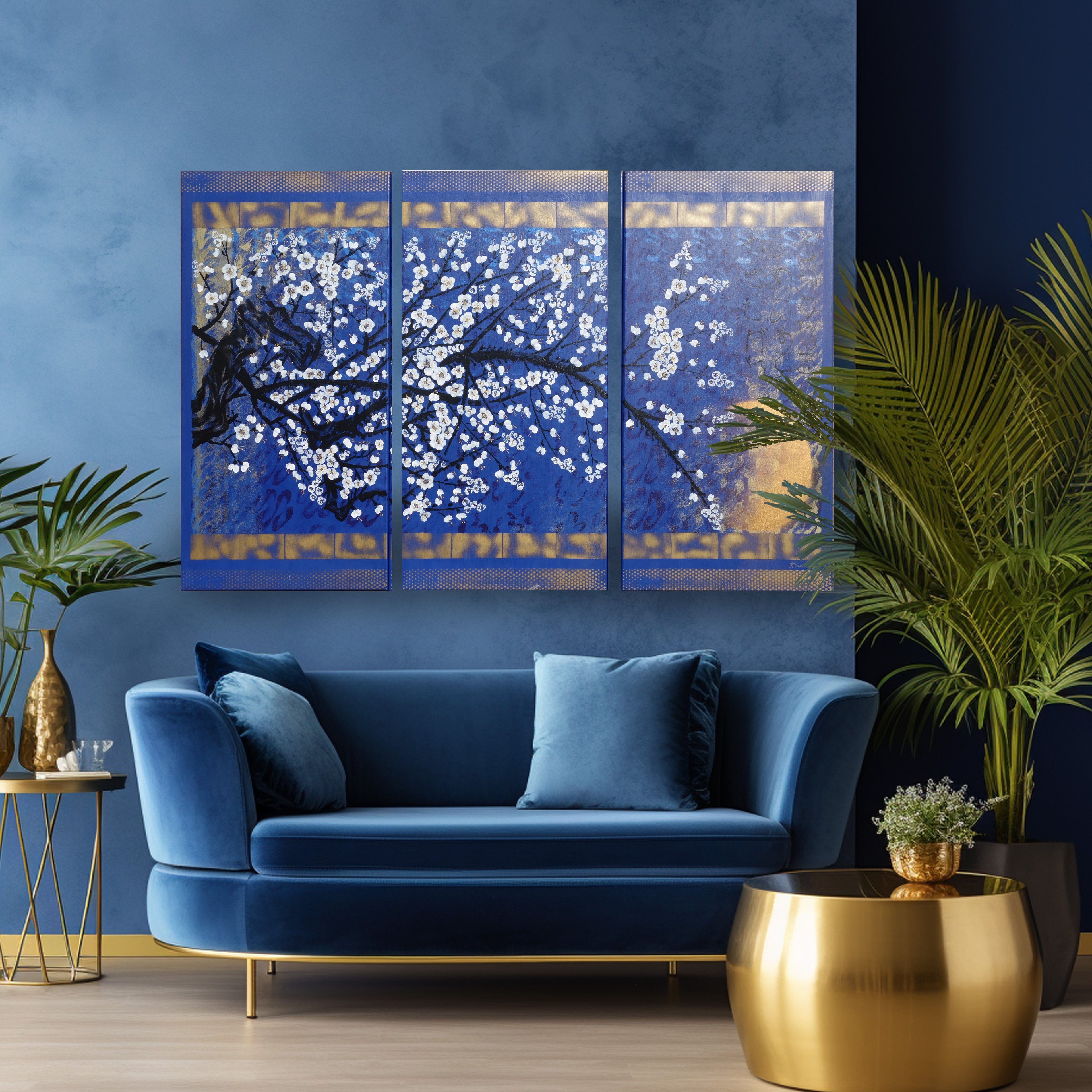 Sakura J390 - Japanese blue Triptych - Original Acrylic Painting by Ksavera