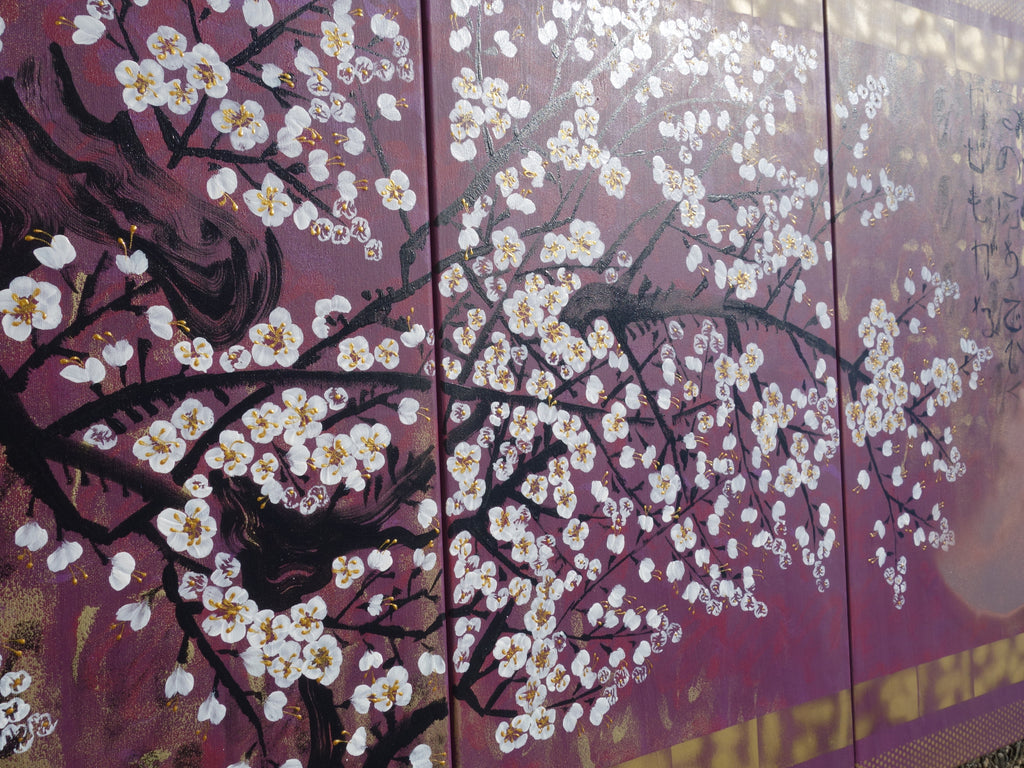 Japanese sakura J392 - large purple triptych - original paintings by Ksavera