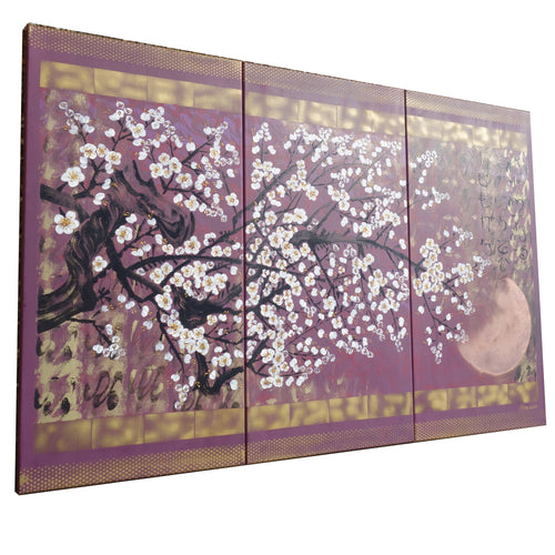 Japanese sakura J392 - large purple triptych - original paintings by Ksavera