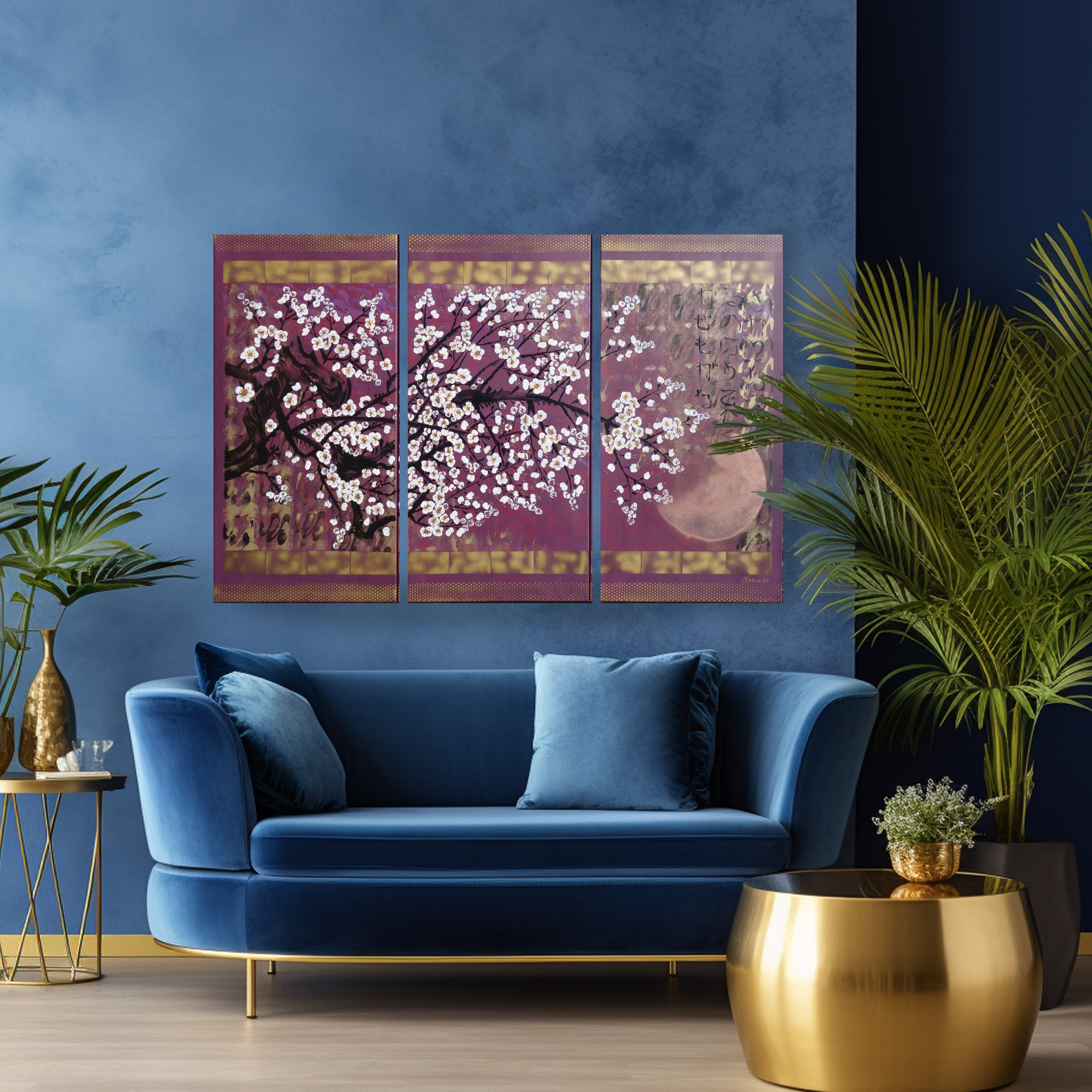 Japanese sakura J392 - large purple triptych - original paintings by Ksavera